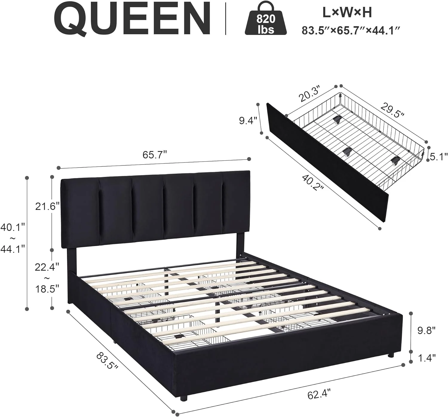 YILAN Queen Upholstered Bed Frame with 4 Storage Drawers and Adjustable Velvet Headboard, Heavy-Duty Platform bedframe, No Box Spring Needed, Black
