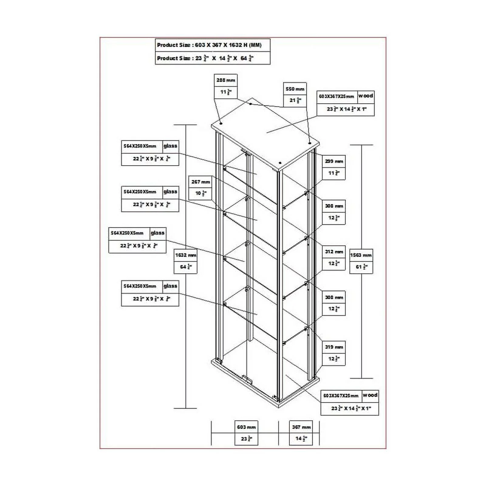 Home Square 3 Piece Glass Curio Cabinet Set with 3 Shelf 4 Shelf and 5 Shelf