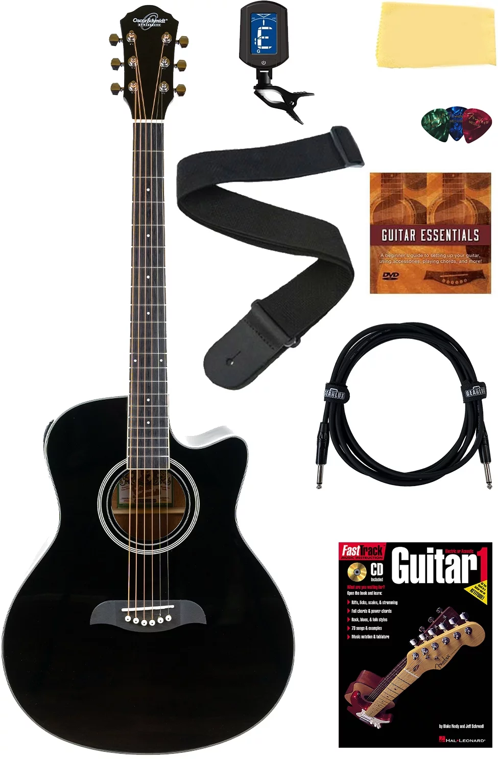 Oscar Schmidt OA10CE Mini Auditorium Cutaway Acoustic-Electric Guitar - Black Bundle with Cable, Tuner, Strap, Picks, Instructional Book, DVD, and Austin Bazaar Polishing Cloth