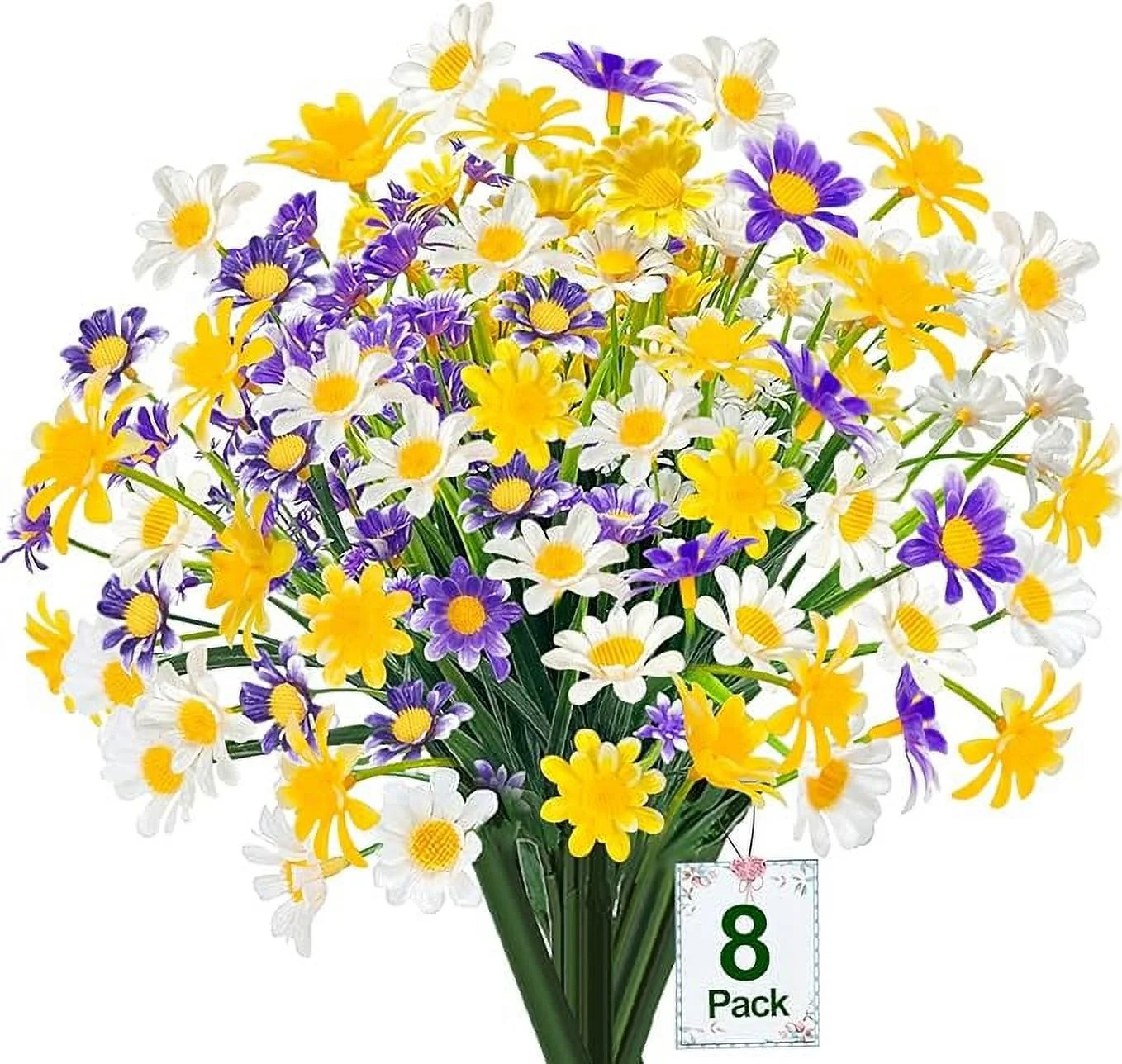 Zukuco 8 Bundles Artificial Daisy Flowers Outdoor Spring Summer Plants UV Resistant Fake Flowers Faux Plastic Greenery Shrubs for Wedding Indoor Home Porch Box Cemetery Décor (Multi-Color)