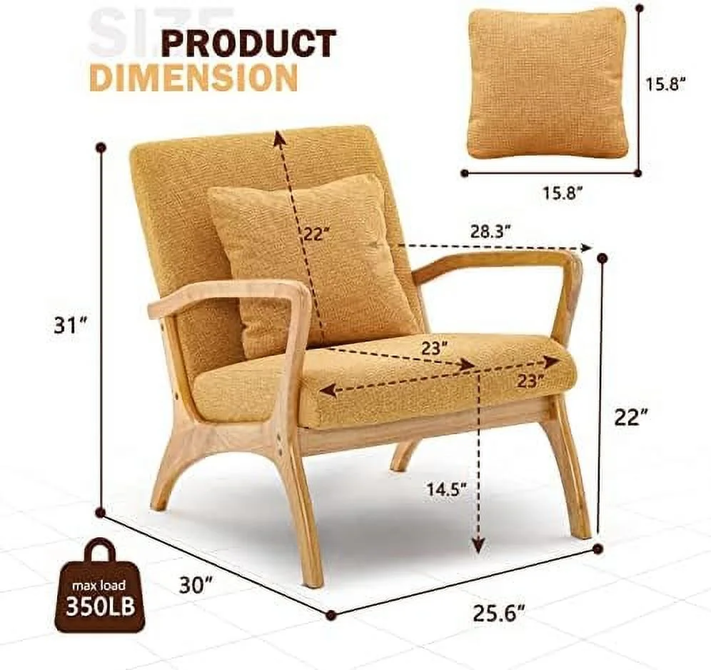 TJUNBOLIFE Accent Chair Mid-Century Modern Chair with Lumbar Pillow Upholstered Armchair Premium Linen Fabric Comfy Reading Chair  Lounge Side Chair for Living Room Bedroom Sunroom Apartm