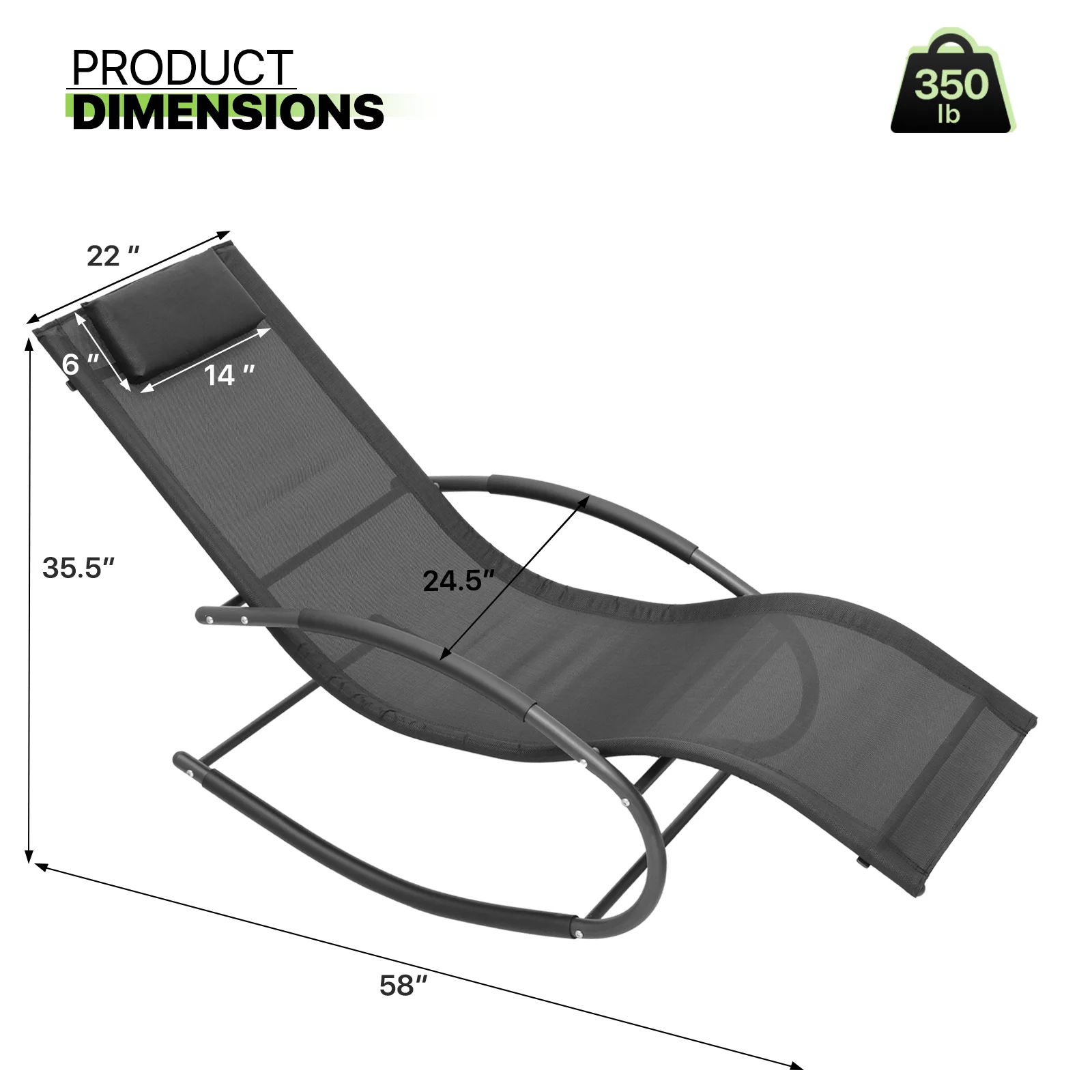 Magshion Set of 2 Outdoor Rocking Chair, Curved Rocker Chaise Lounge Chair with Removable Pillow for Sun Tanning Beach Backyard Garden, Black