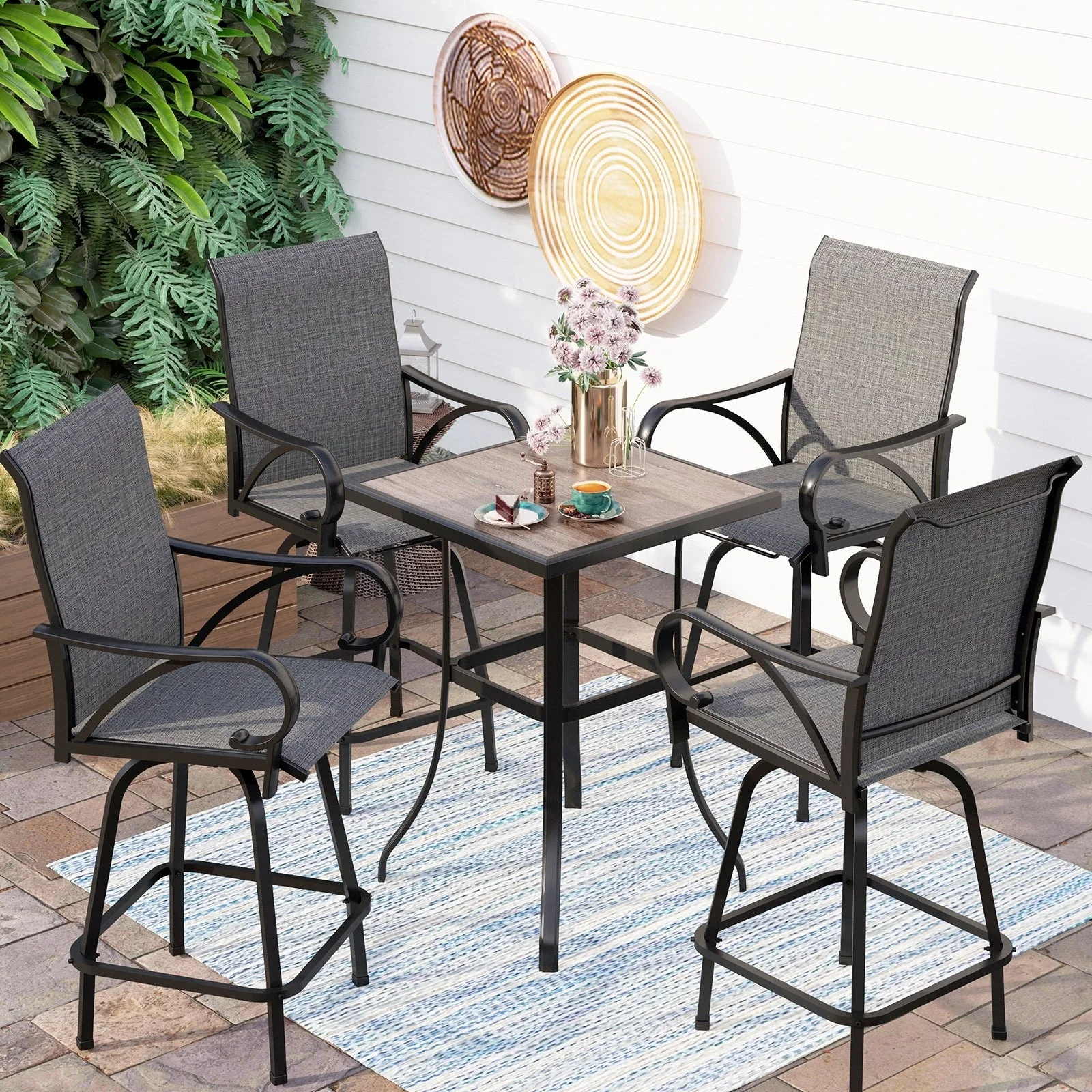 3/5-Piece Patio Bar Stool Set Wood-look Table & Grey Textilene Sling Fabric Swivel Bar Stools 5-Piece