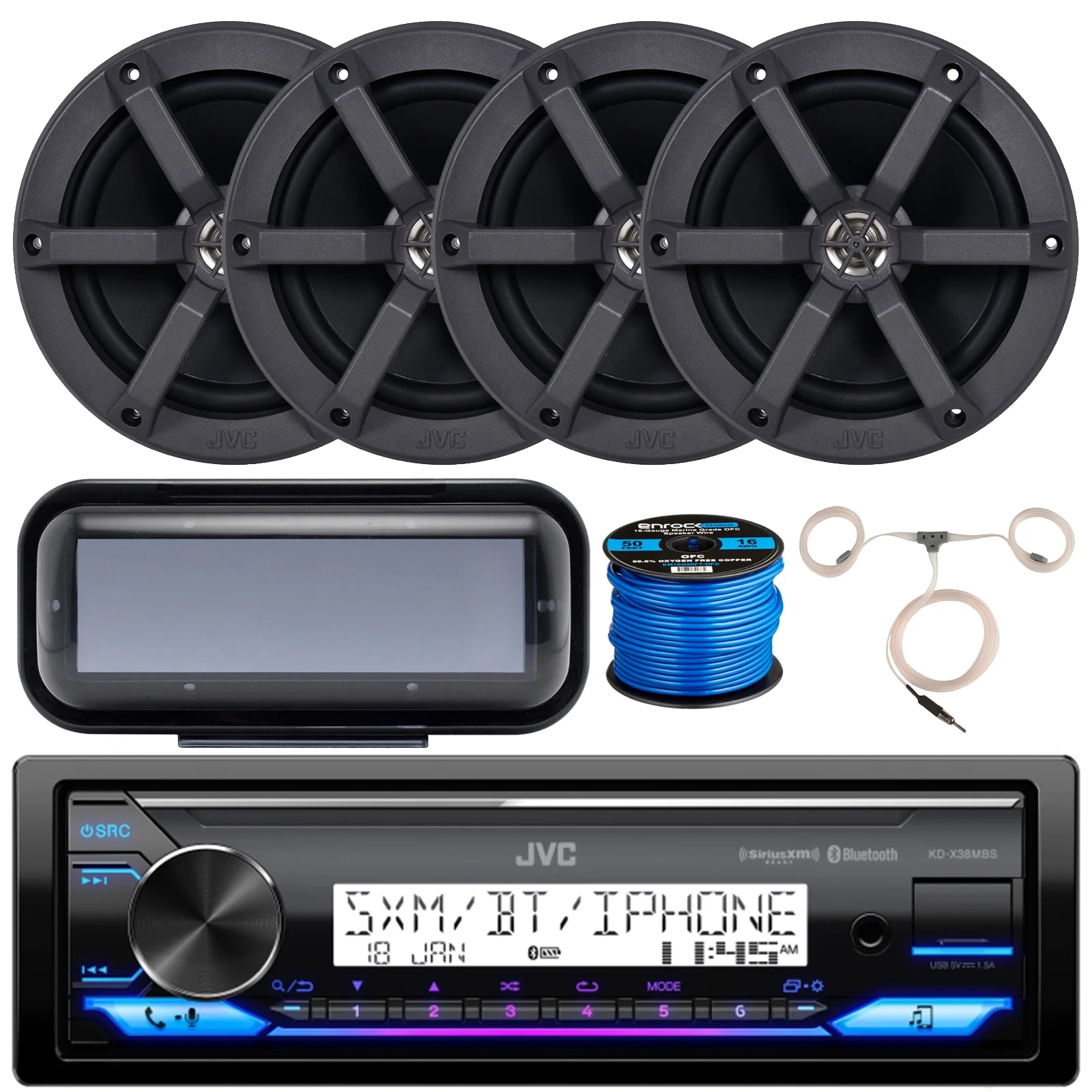 JVC KD-X38MBS Single DIN Marine MotorSports Bluetooth USB AUX LED Illumination AM/FM Radio Stereo Receiver w/ 4x JVC CSMS620 6.5