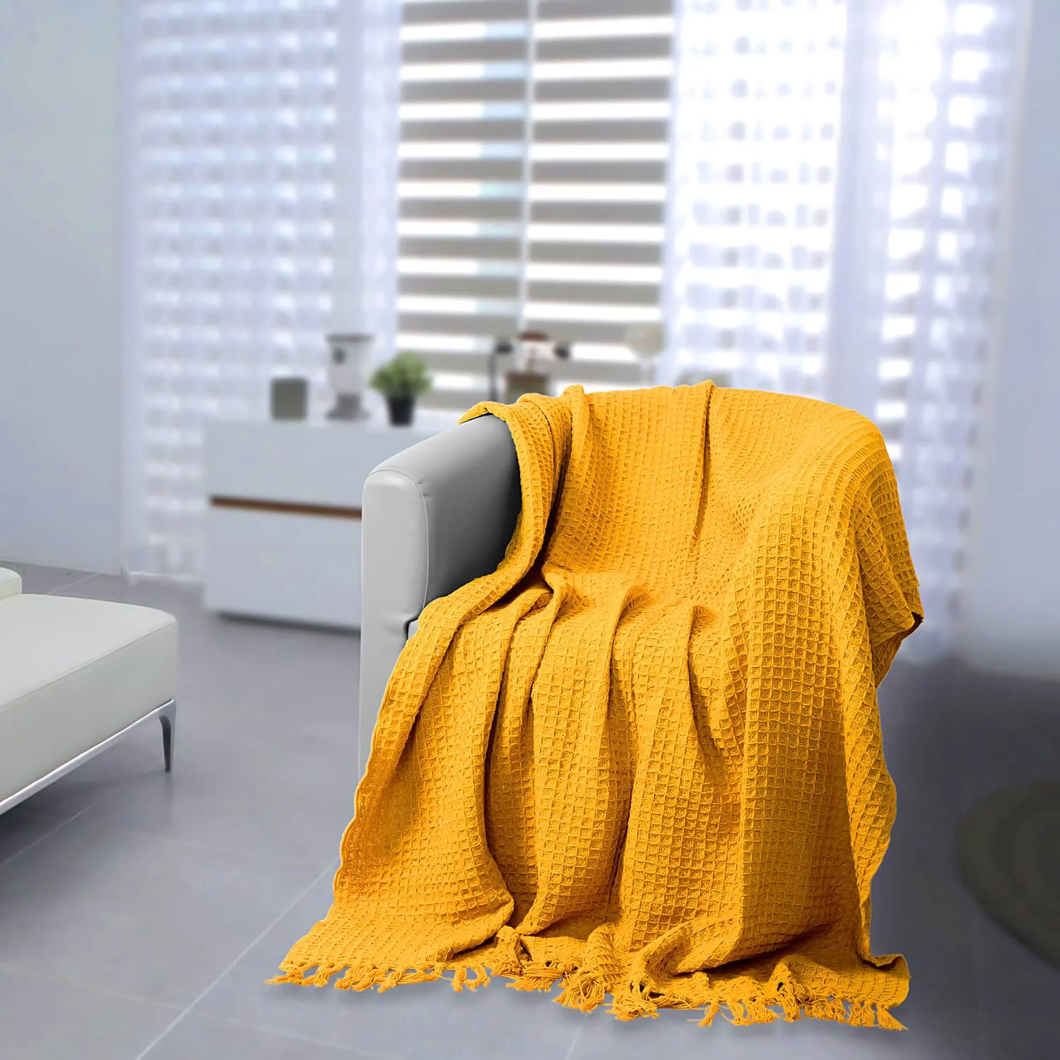 Shop LC Yellow Honeycomb Pattern Cotton Throw Super Soft with Tassels 70