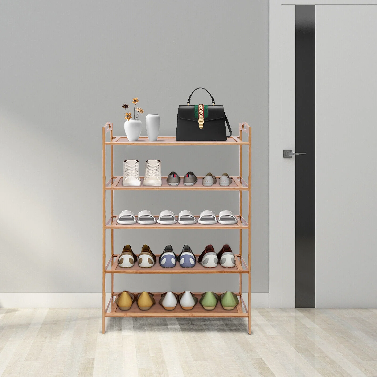 FETCOI 15 Pair Modern Bamboo Shoe Rack Shoe Storage Space Saving 5 Tier+Non-slip Pads