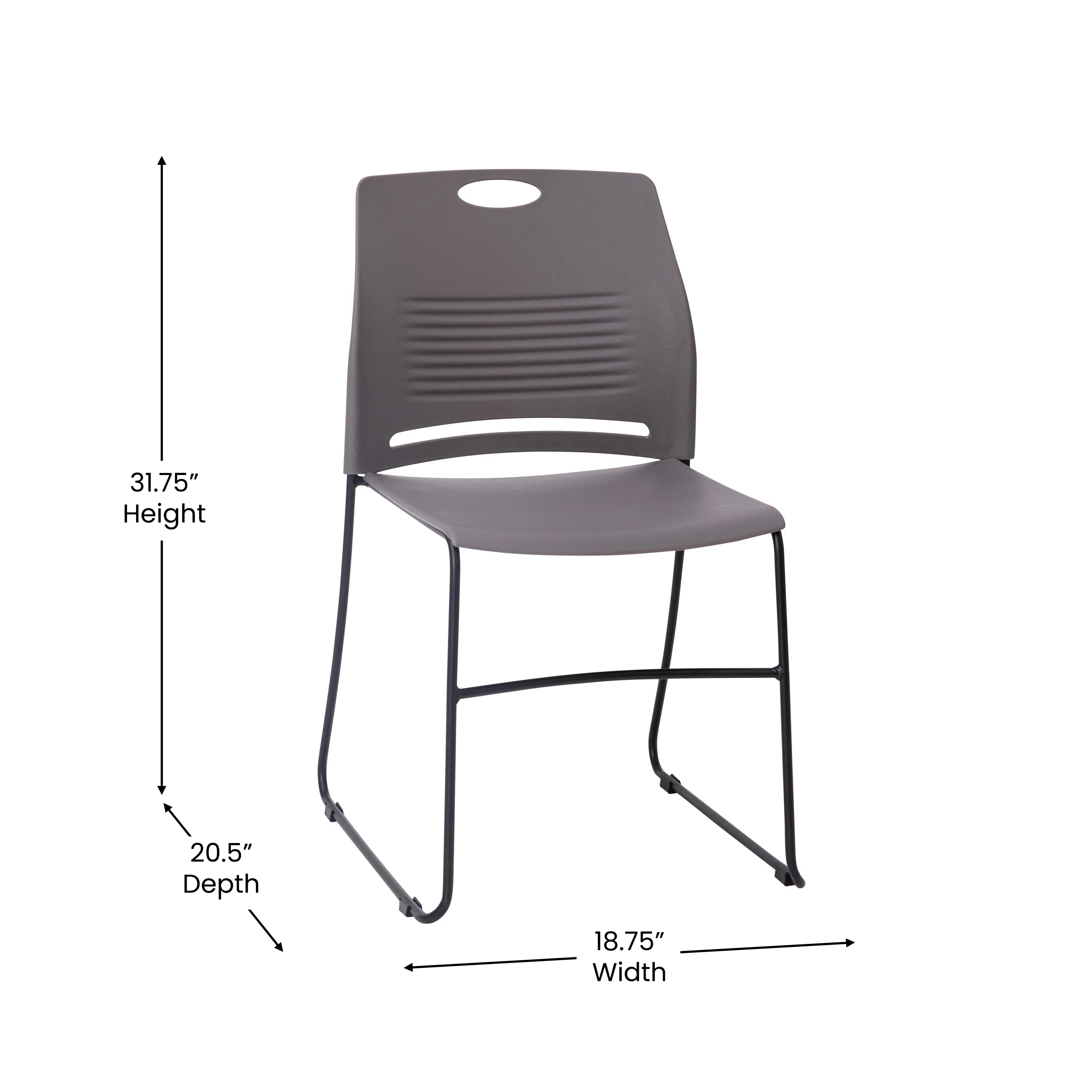 BizChair Set of 5 Commercial 660 lb. Capacity Gray Plastic Stack Chairs with Black Powder Coated Sled Base Frames and Carrying Handle