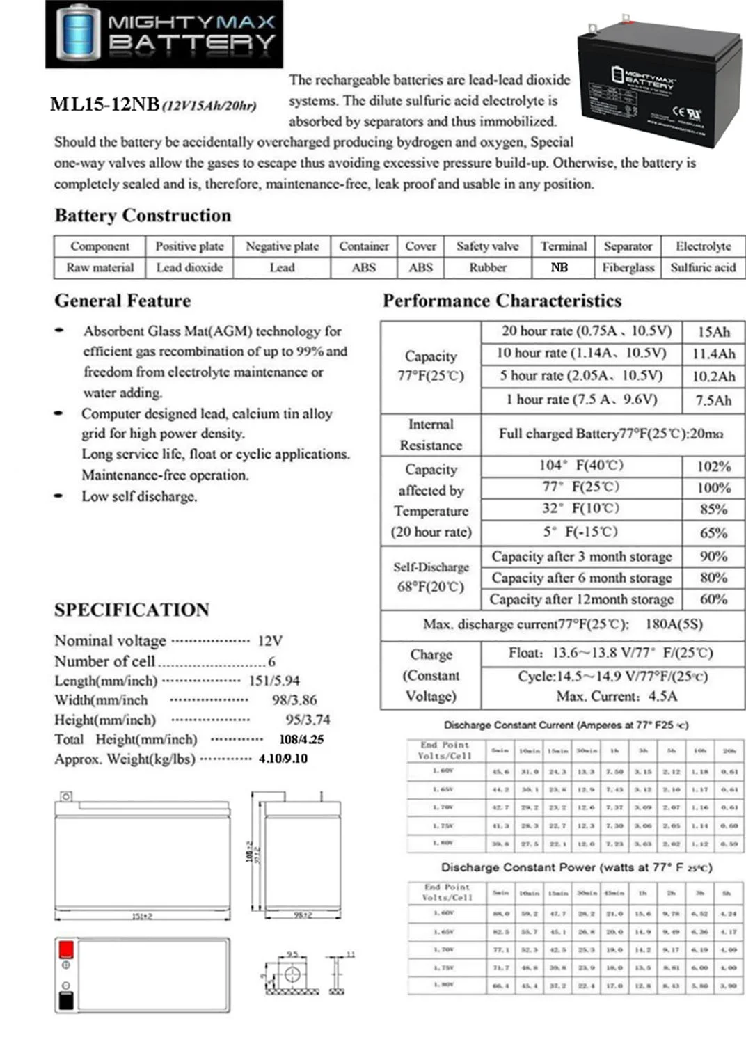 ML15-12NB 12V 15AH Replacement Battery Compatible with Drive Medical Phantom S35001692, S35002692 - 10 Pack