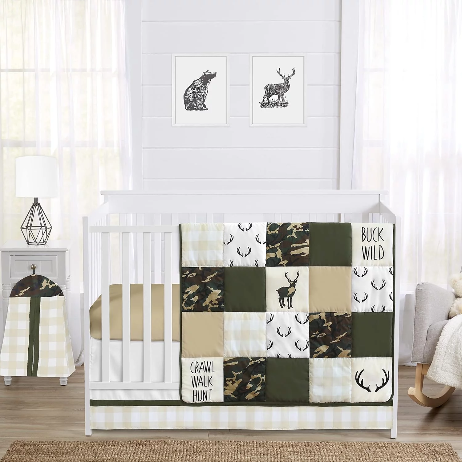 Green And Beige Rustic Deer Buffalo Plaid Check Musical Baby Crib Mobile For Woodland Camo Collection