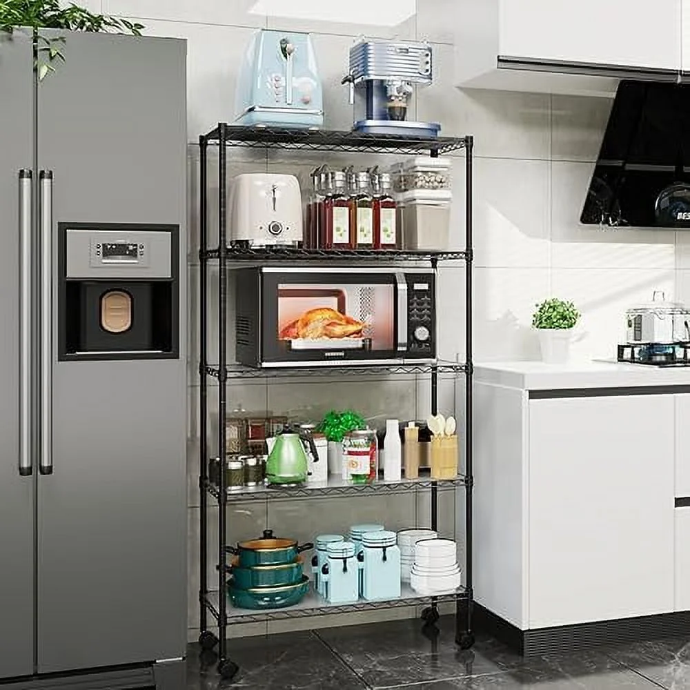 MQLIFEBOOM 5 Tier NSF Metal  Wire Shelving Unit  750lbs Capacity Adjustable  Rack with Wheels &  Liners for Garage Kitchen Office Bathroom  Rack  60"H x 30"L x 14"D - Chro