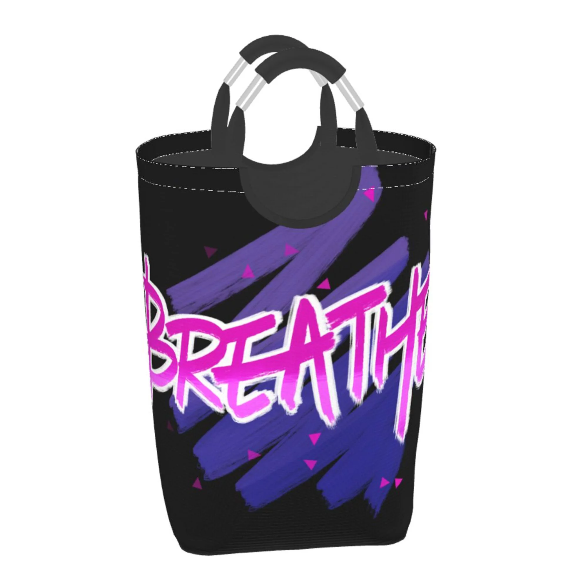 TEQUAN 50L Large Rectangular Laundry Hamper with Aluminum Handles, Pink Letters Breathe Prints Waterproof Foldable Dirty Clothes Basket