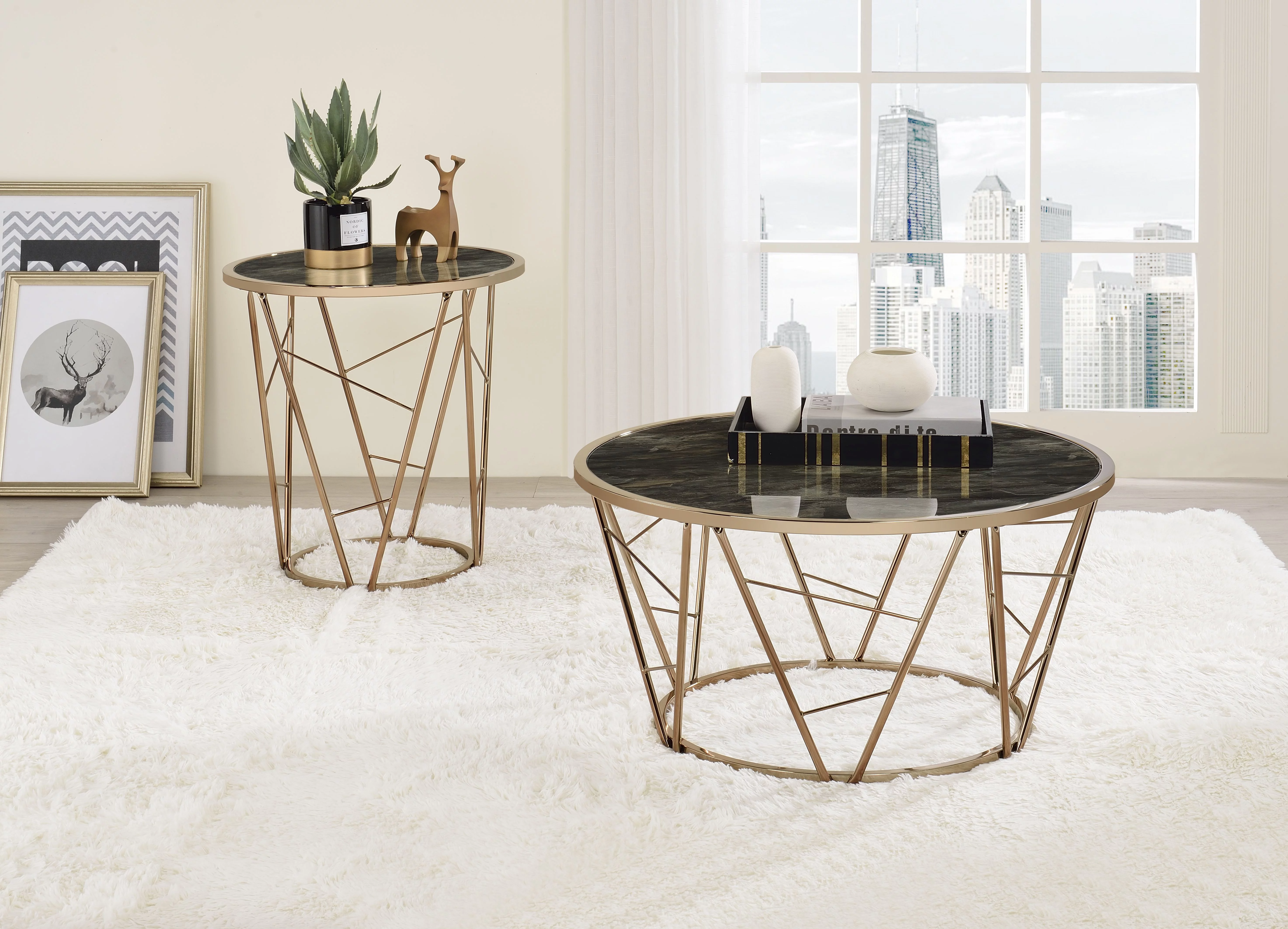 ACME Cicatrix End Table, Faux Black Marble Glass & Champagne Finish 83302