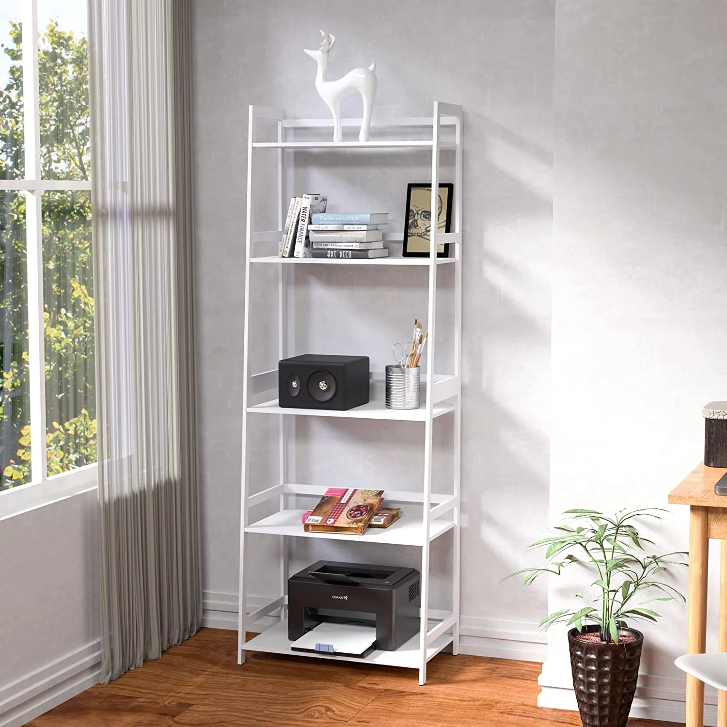 ZPL 5 Tier Ladder Shelf,59 inch Height Bookcase Plant Flower Stand Rack Storage Shelves,White