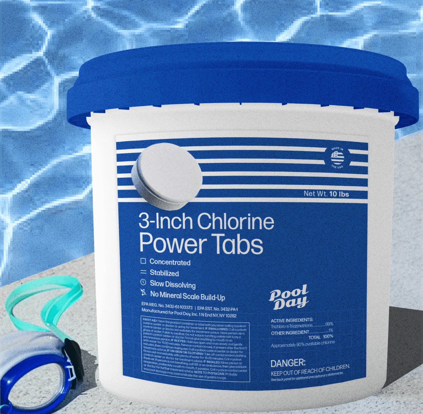 Pool Day 25lb Three-Inch Chlorine Power Tabs - 99% Trichlor, UV-Protected, Slow-Dissolving Formula for Crystal Clear Safe Water