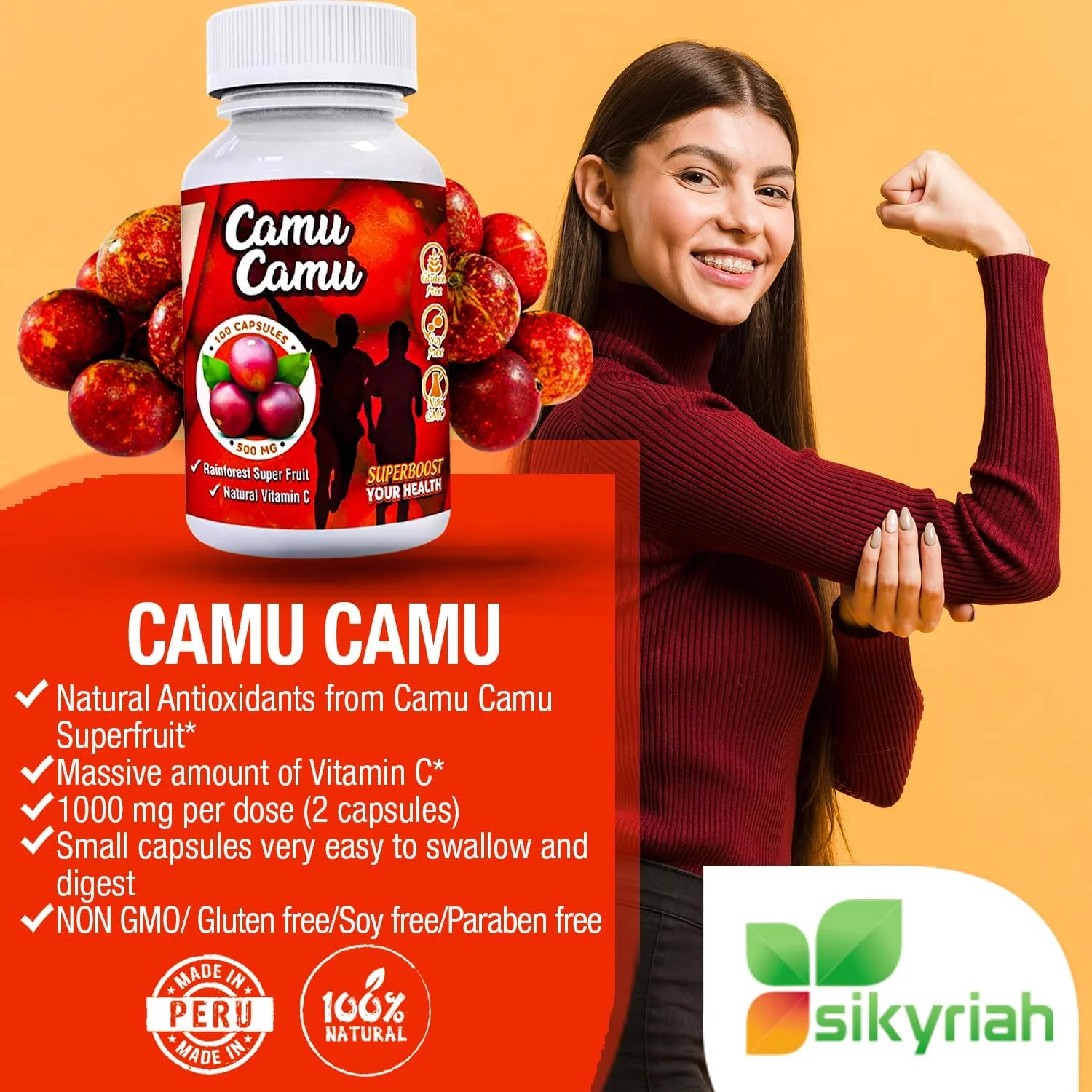 Sikyriah Camu Camu Capsules - Pure Peruvian Vitamin C Fruit - Antioxidant - 1000 mg per dose - 100% Pure Camu Camu Powder - Non GMO - Gluten Free