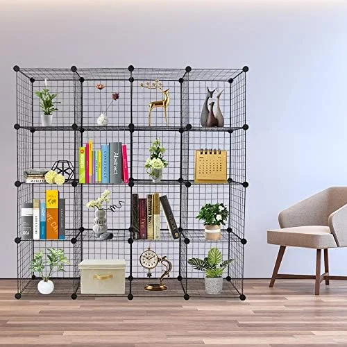 TJCGDTY 16-Cube Metal Wire Cube  with 1 Wooden hammer Stackable  Bins  Modular Bookcase  DIY Closet Cabinet Ideal  Room Bedroom  Home  Office 47''L x 14''W x 57''H