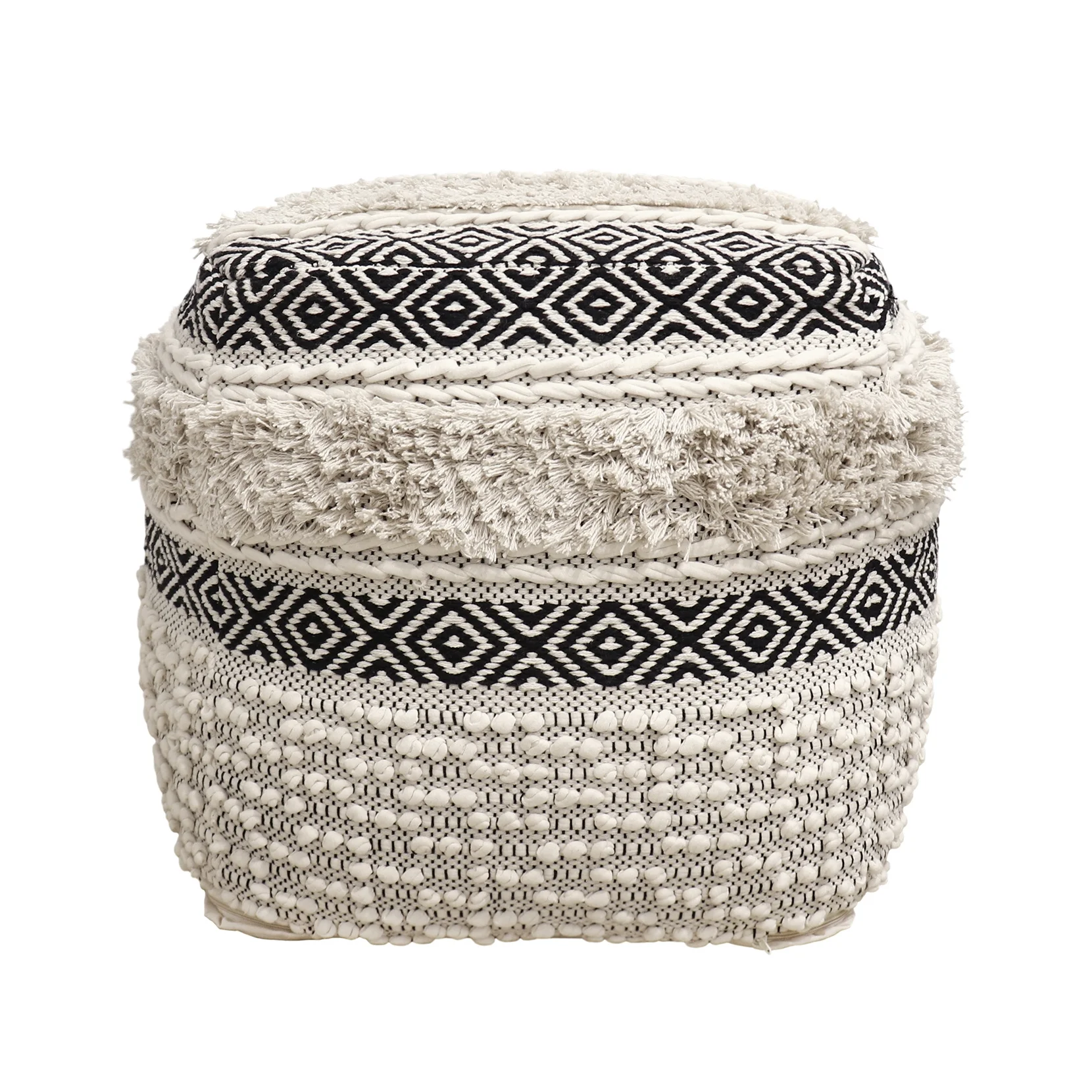 Pasargad Home PPF-623 Pasargad Home Grandcanyon Cubic Design Cotton Pouf, Ivory/Black