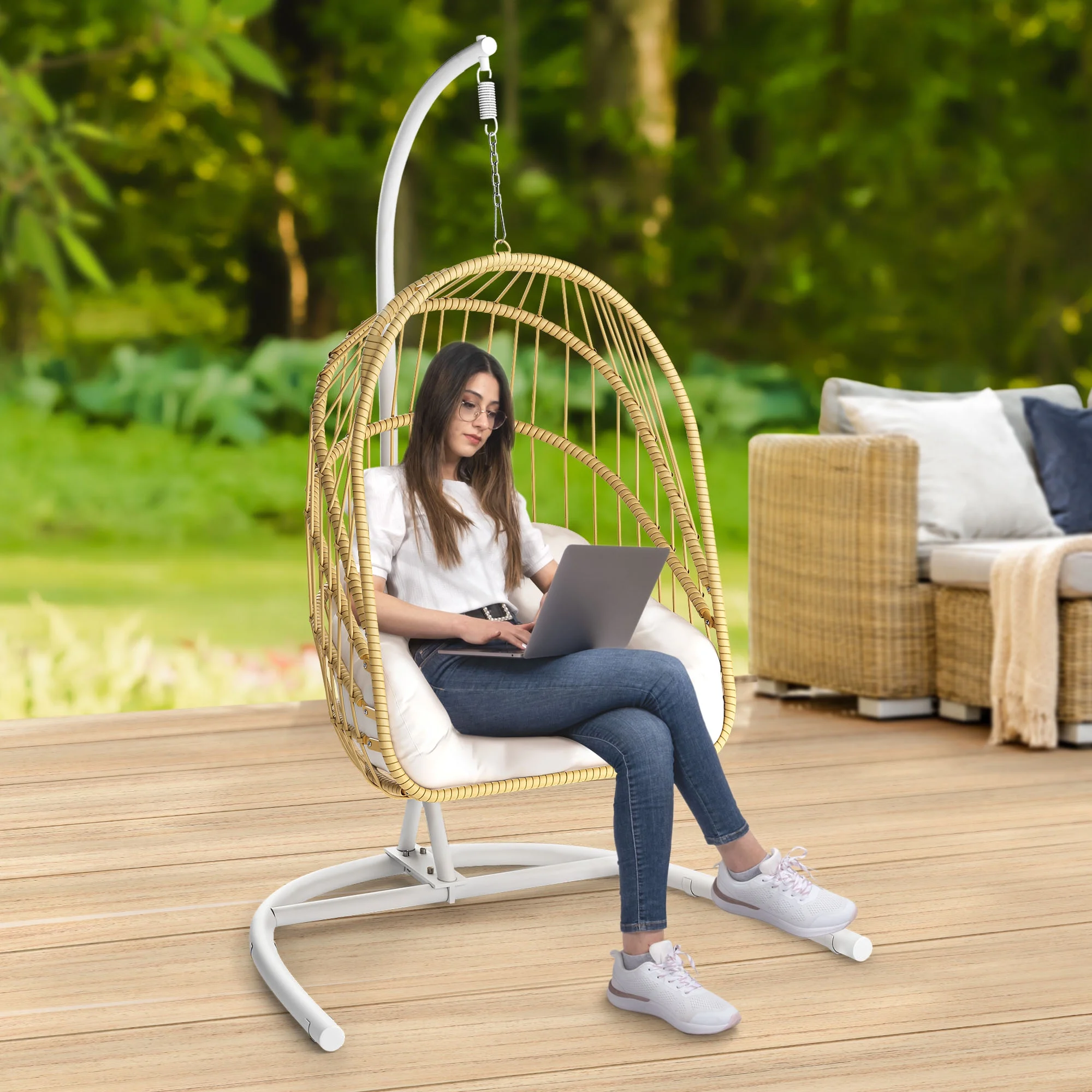 Dextrus Wicker Swing Egg Chair Hammock Hanging Chair Nest Basket with Stand, UV Resistant Removable & Washable Cushions,350LB Capacity - Beige