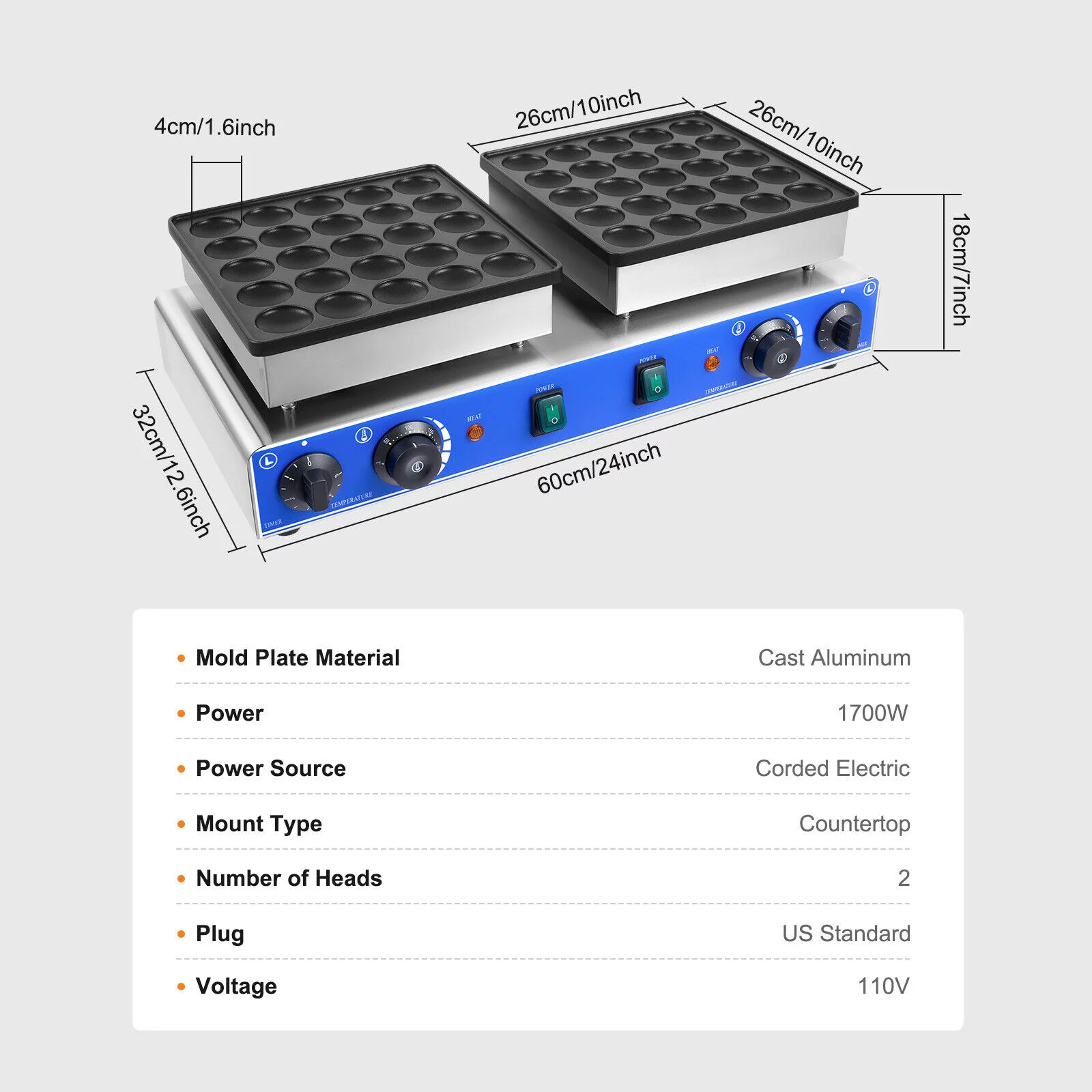Miumaeov Commercial Waffle Maker Machine 50pcs 1.8'' Mini Dutch Pancakes Maker Nonstick Electric Waffle Baker