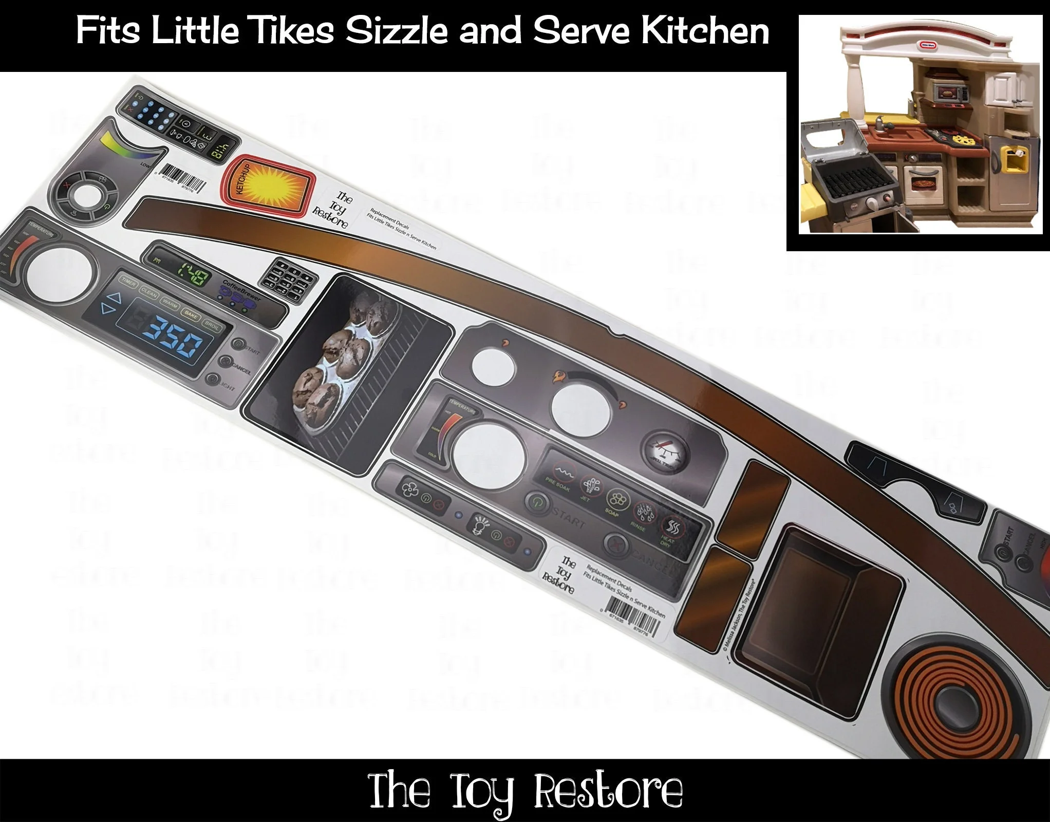 The Toy Restore Replacement Stickers fits Little Tikes Sizzle and Serve Kids Play Kitchen Decals
