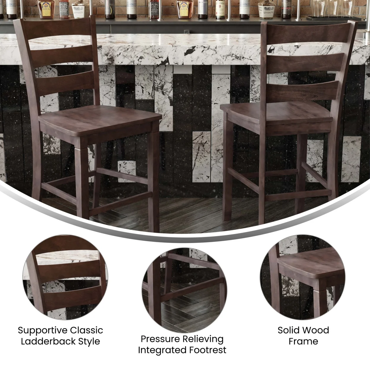 2 Piece Counter Stool, Slatted Design Back, Washed Gray