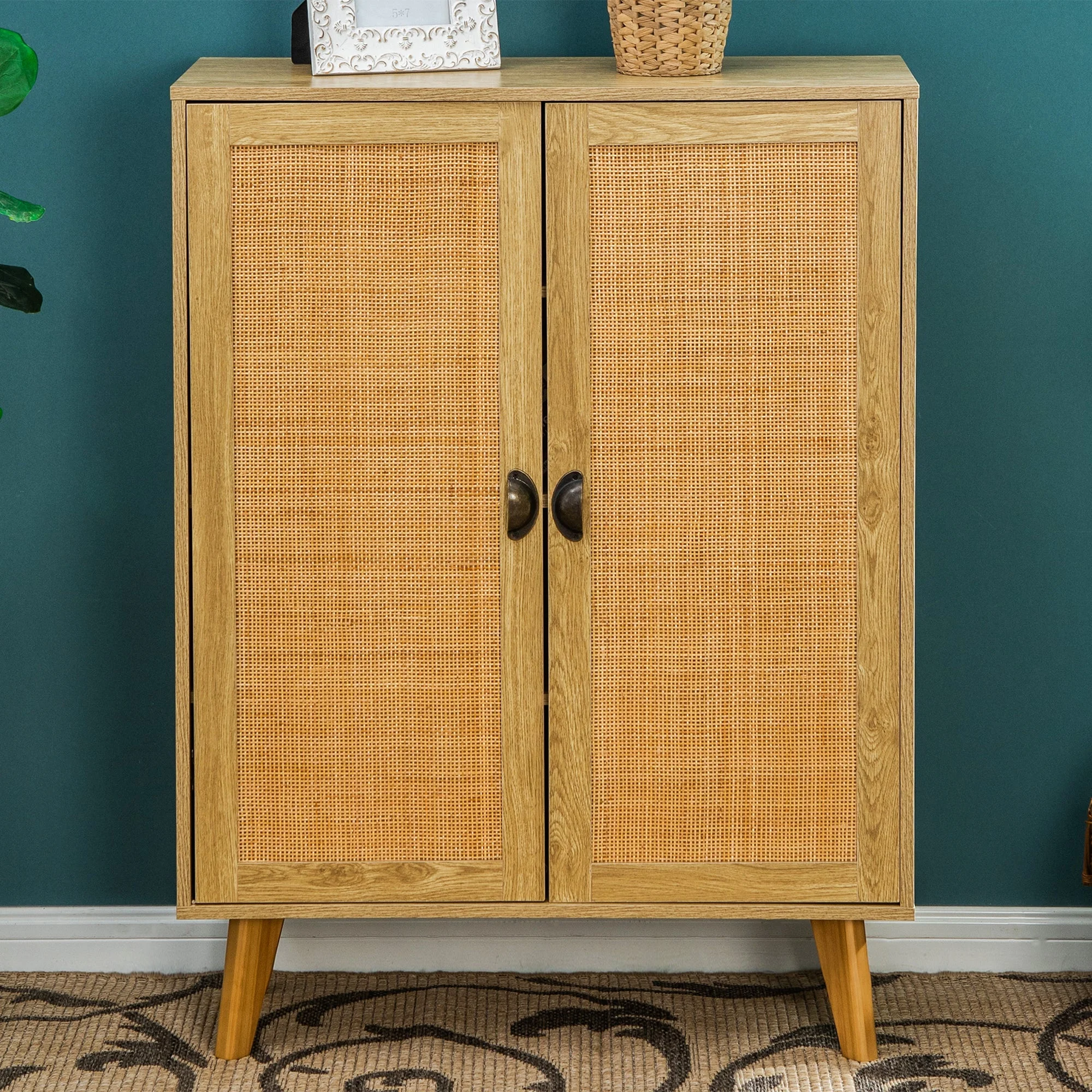 S&W 2-Door Sideboard Accent Cabinet with Crafted Rattan Front for Kitchen, Dining, Living Room