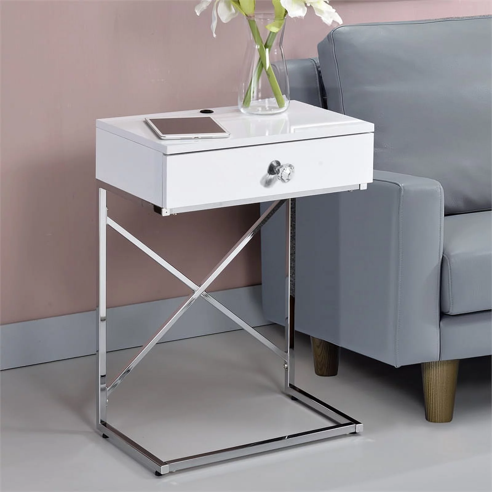 Bowery Hill 1-Drawer Modern Metal End Table in Glossy White/Chrome