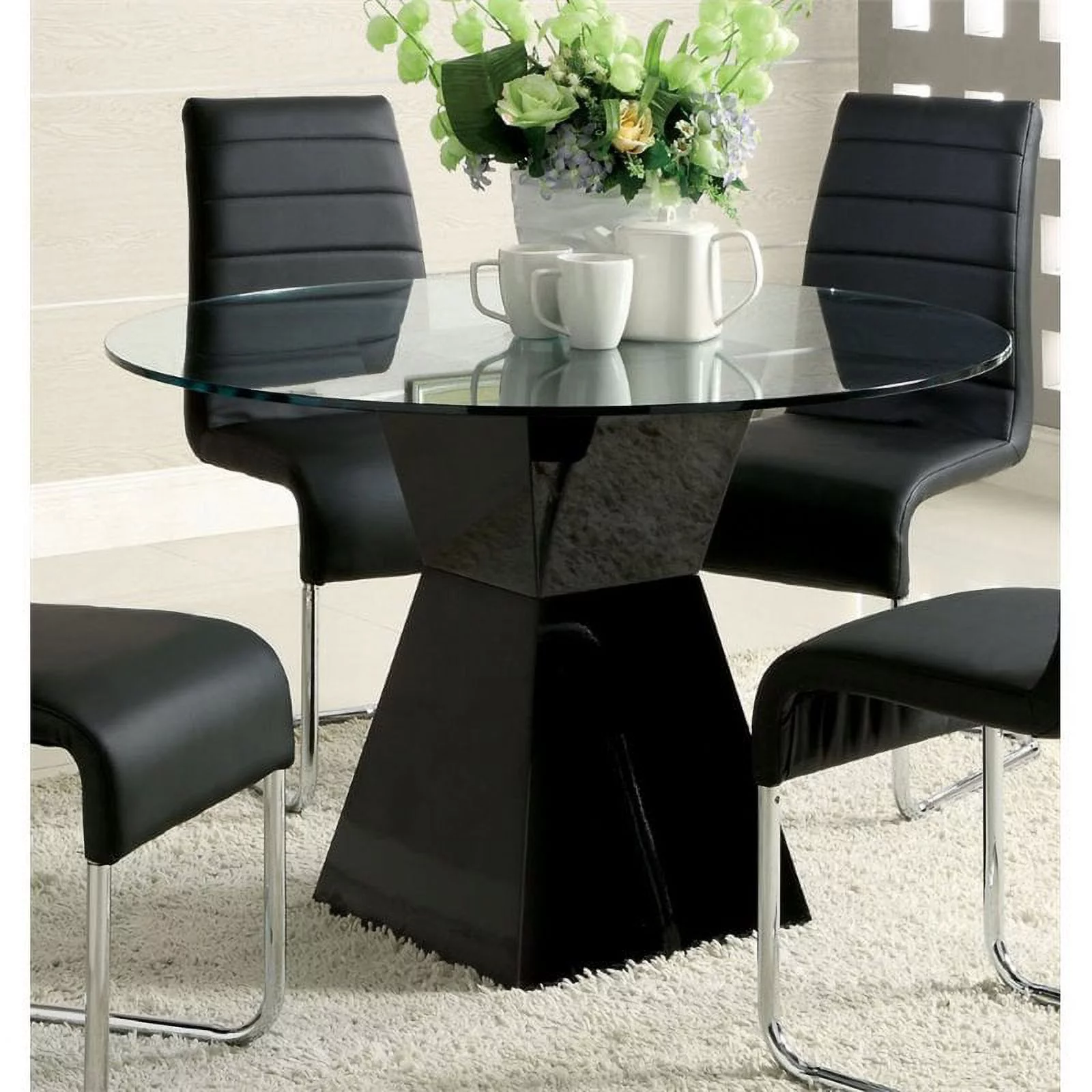 Furniture of America Dorazio Round Glass Top Dining Table in Black