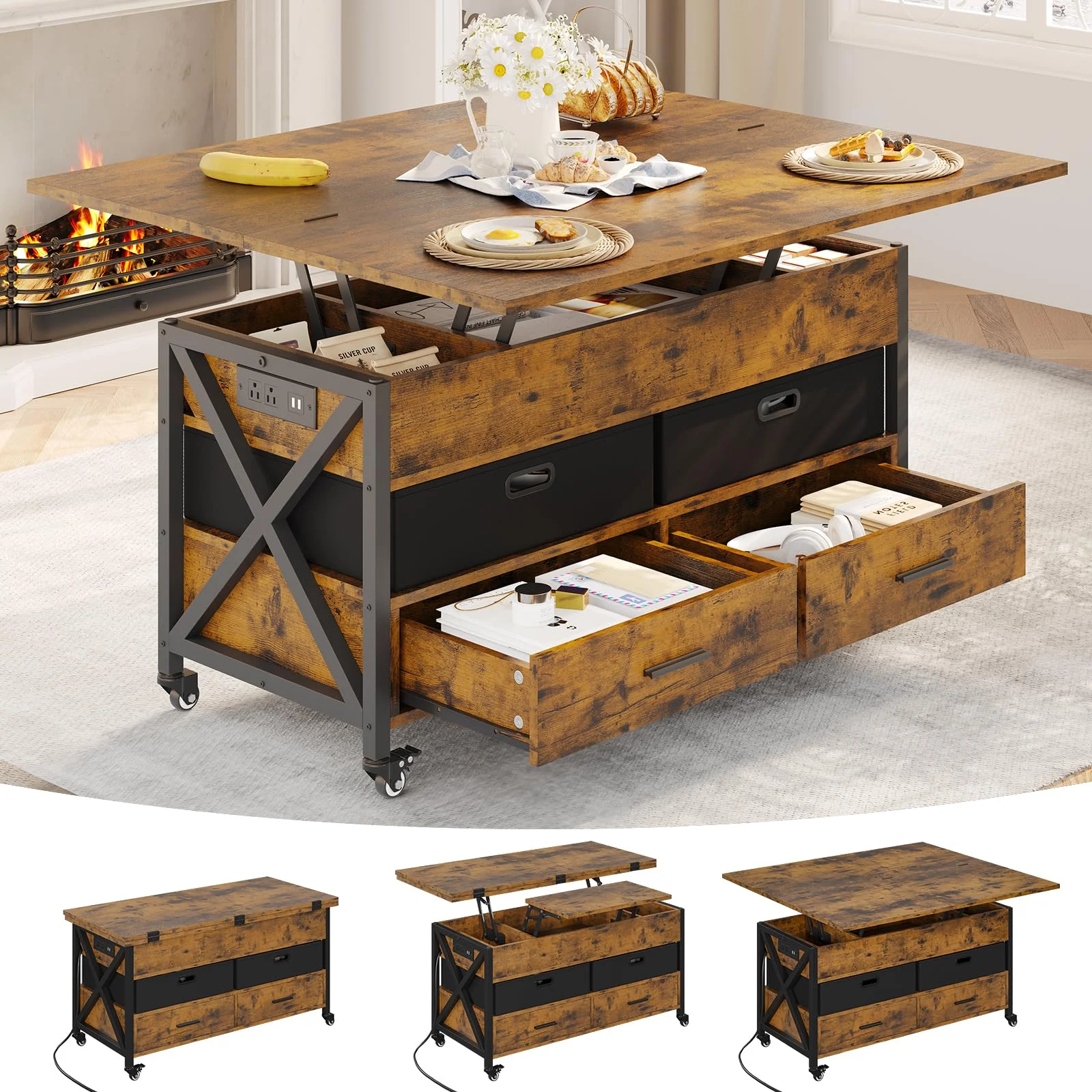 Afuhokles Lift Top Coffee Table with Storage, 4 in 1 Square Center Table with 4 Casters and Built-in Power Outlet, Brown