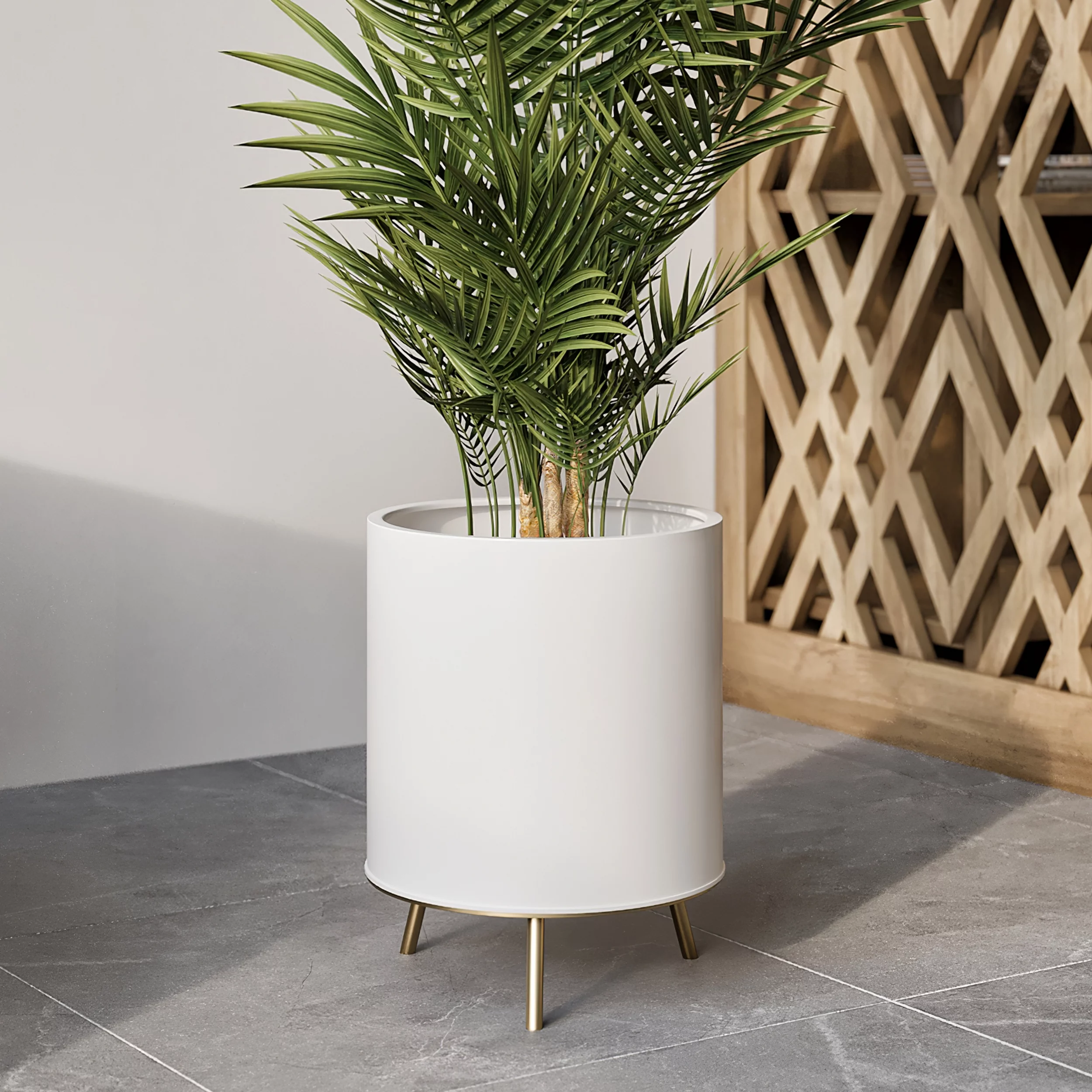 Raya White Mid-Century Modern Indoor Metal Pot Planter with 3-Leg Metal Base - 16