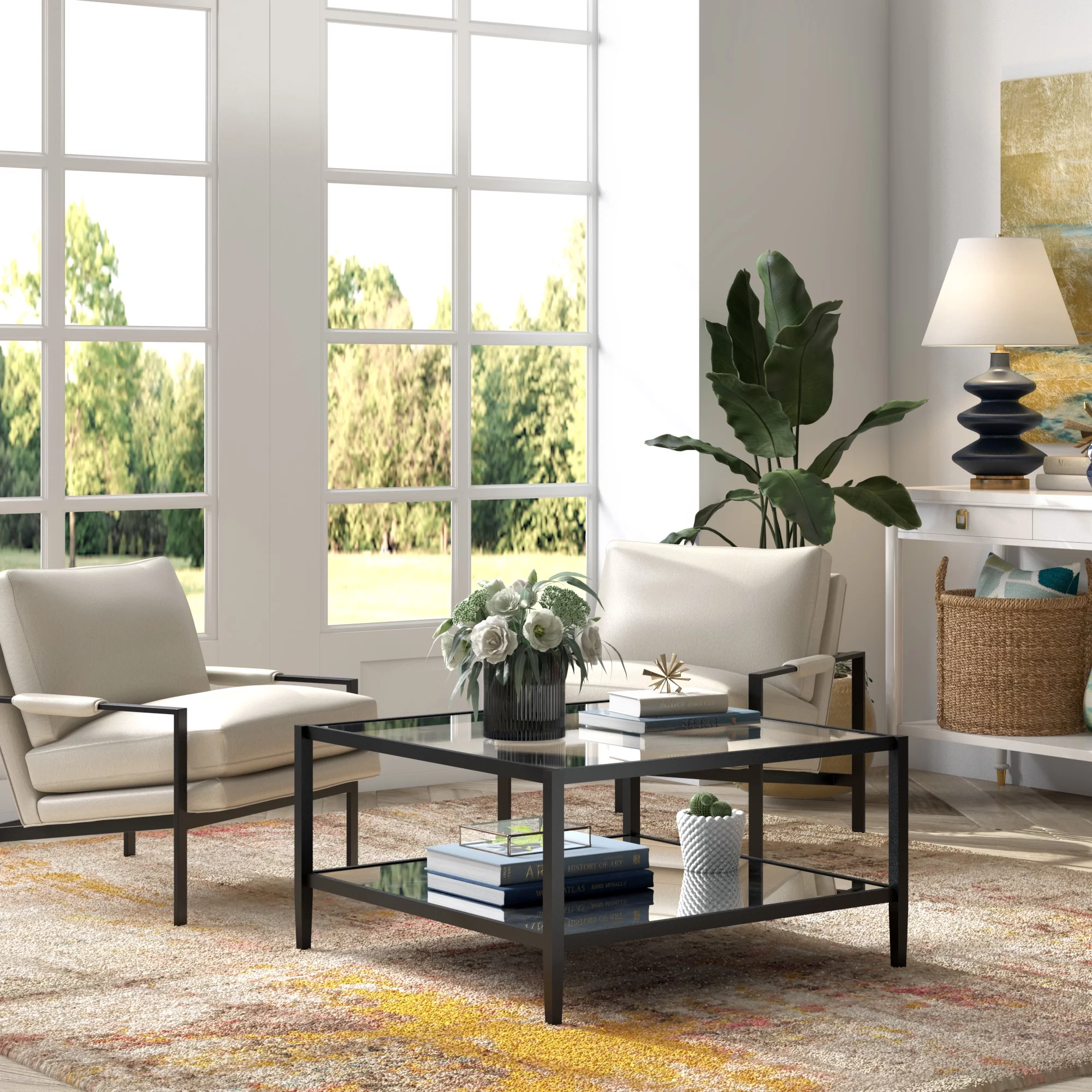 Evelyn&Zoe Modern Square Coffee Table with Glass Top