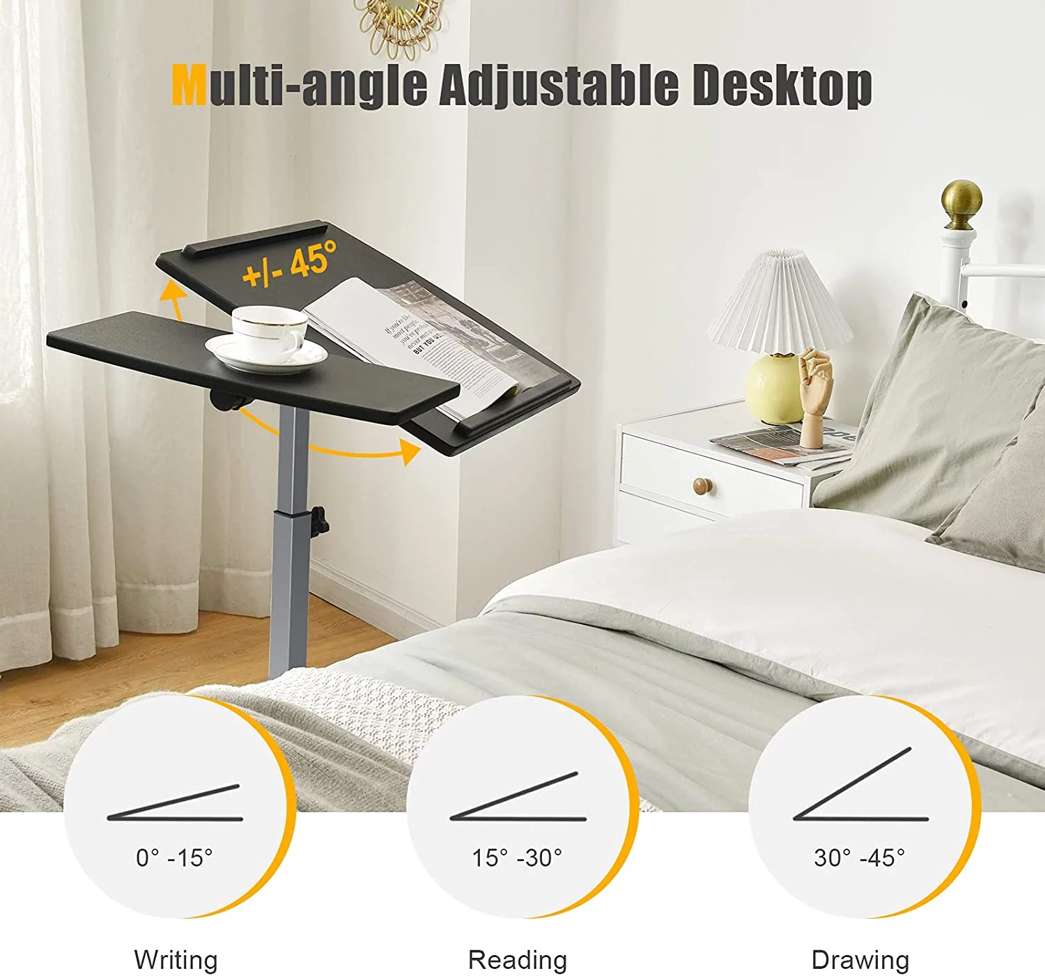 Overbed Laptop Desk, Mobile Laptop Stand with Tilting Tabletop, Rolling Height Adjustable Bedside Table with Mouse Pad Cup Holder