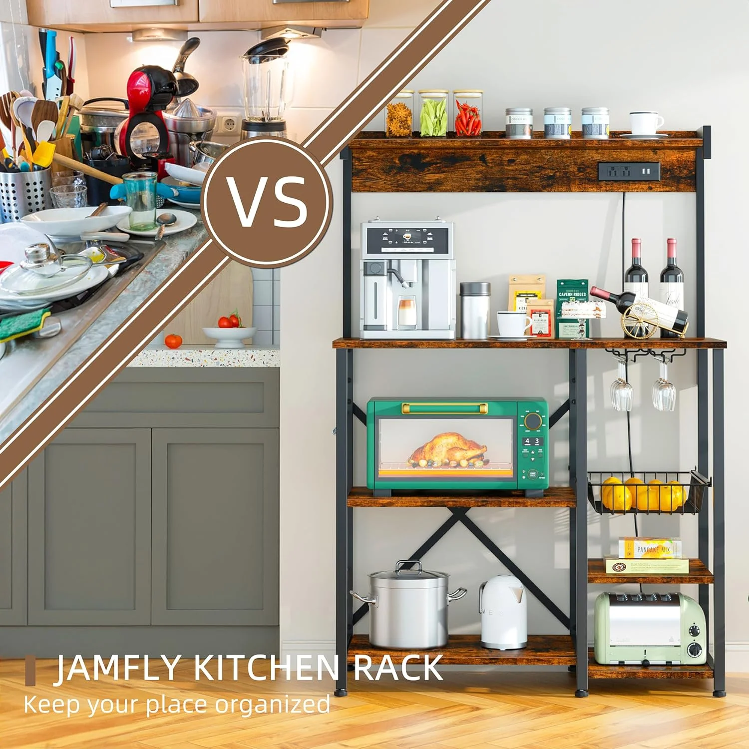 Kitchen Bakers Rack with Power Outlet, Microwave Stand with 6 S-Shaped Hooks, 4-Tier Coffee Bar Microwave Rack (23.62'', Rustic Brown)