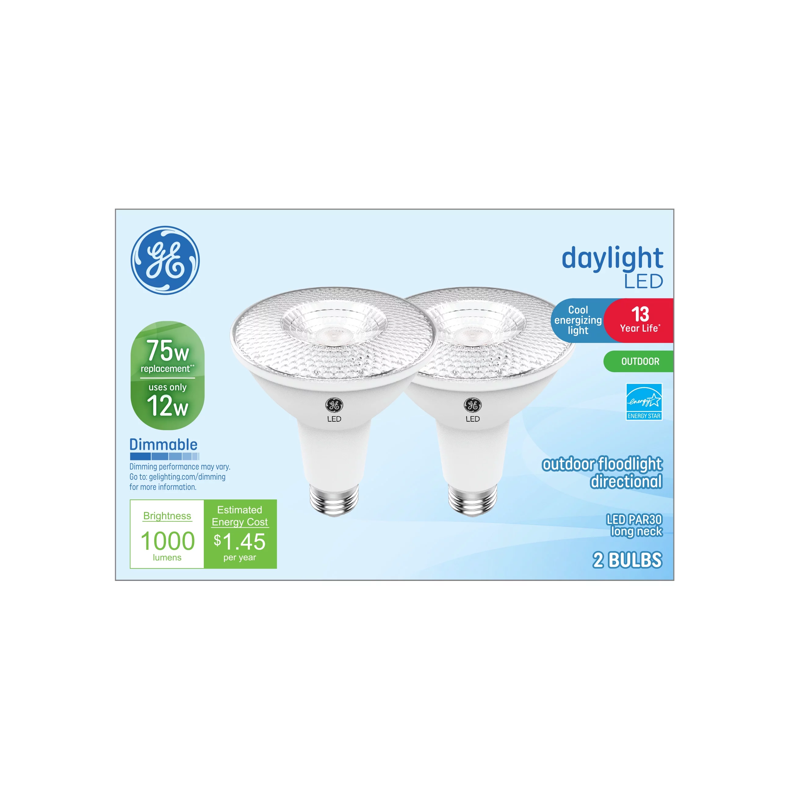 GE LED 12W (75W Replacement) Daylight PAR30L Long NeckFlood Light Bulbs, Medium Base, 13 Yearl Life, 2pk