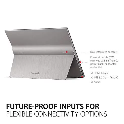 ViewSonic 15.6 Inch 1080p Portable Monitor with 2 Way Powered 60W USB C, IPS, Eye Care, Dual Speakers, Built in Stand with Cover (VG1655)