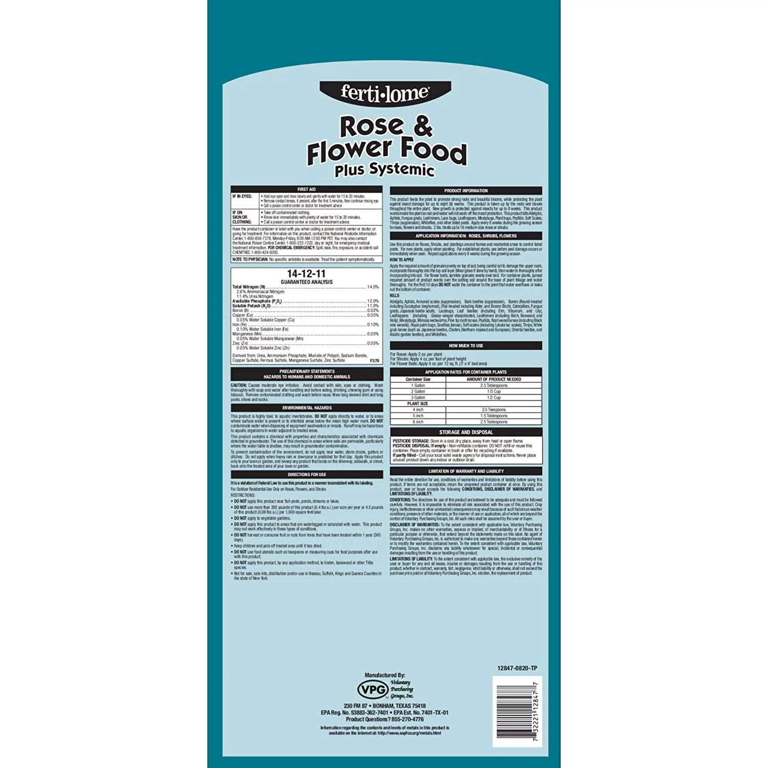 Fertilome 12847 Rose and Flower Food Plus Systemic 14-12-11 15 lbs.