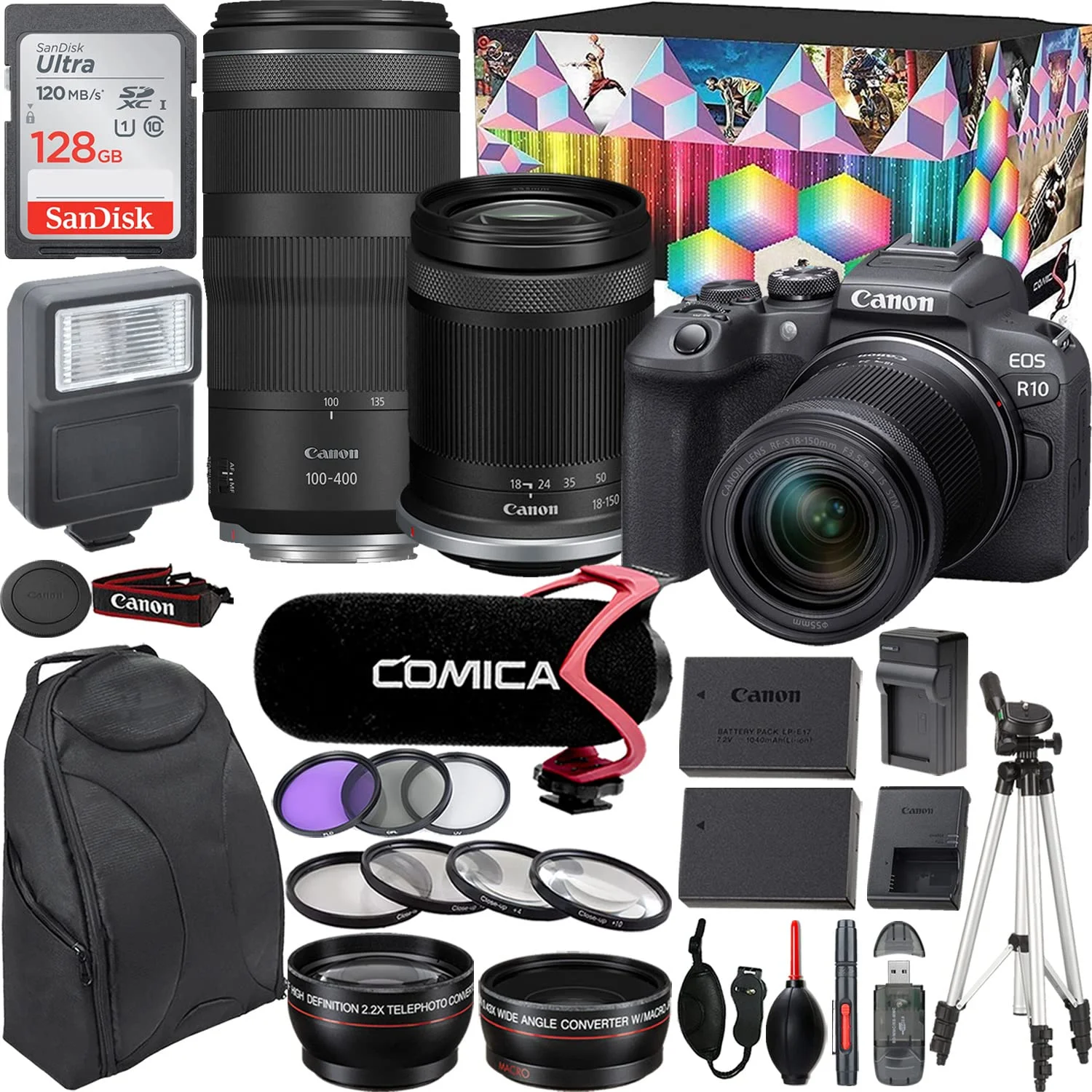 Camera bundle for Canon EOS R10 Mirrorless Camera with RF-S 18-150mm f/3.5-6.3 IS STM and RF 100-400mm f/5.6-8 IS USM Lens + Microphone with Video Kit Accessories (128GB, Flash, and More)