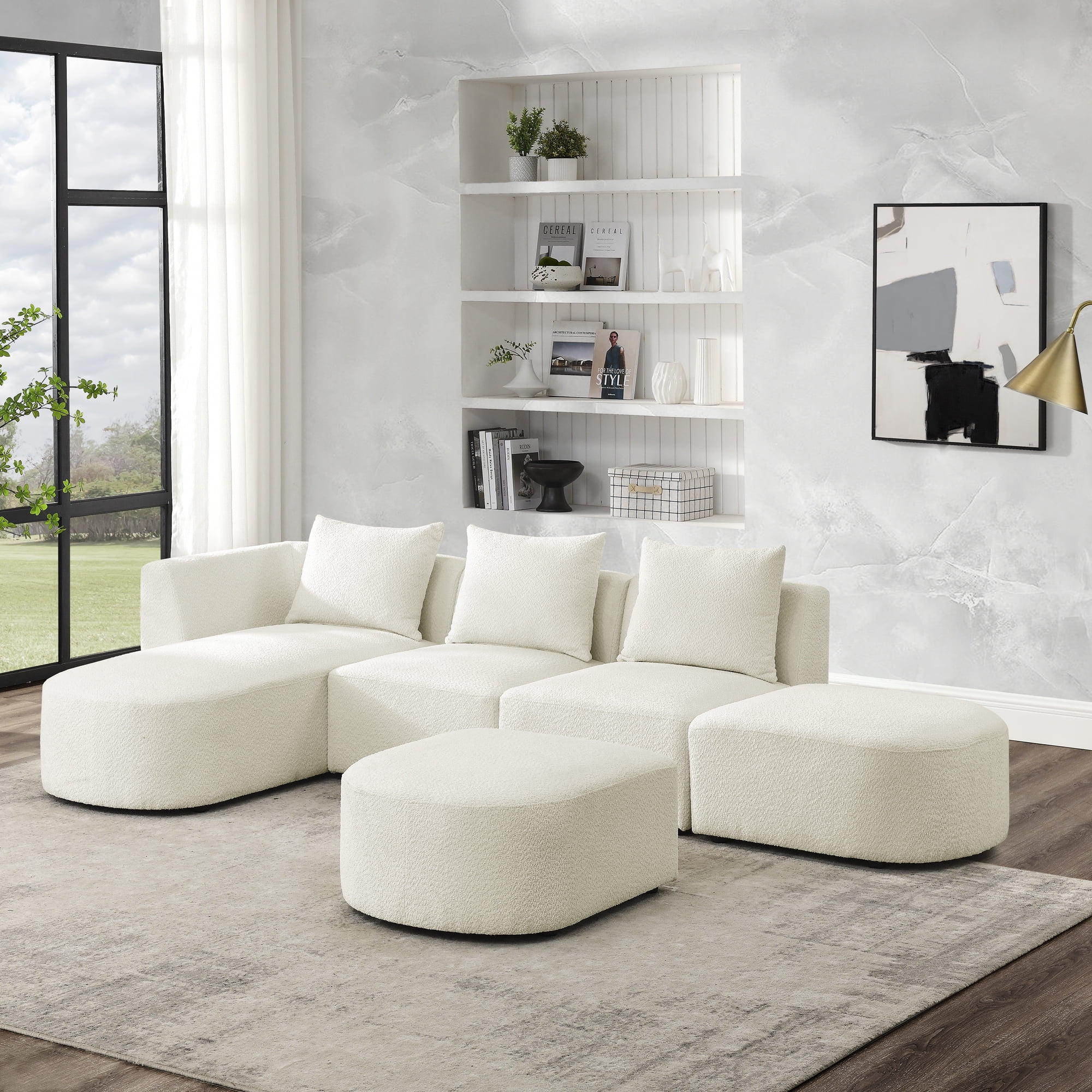 Homiyad L Shape Sectional Sofa with Left Side Chaise and Ottoman, Modular Sofa, Diy Combination, Loop Yarn Fabric, Beige