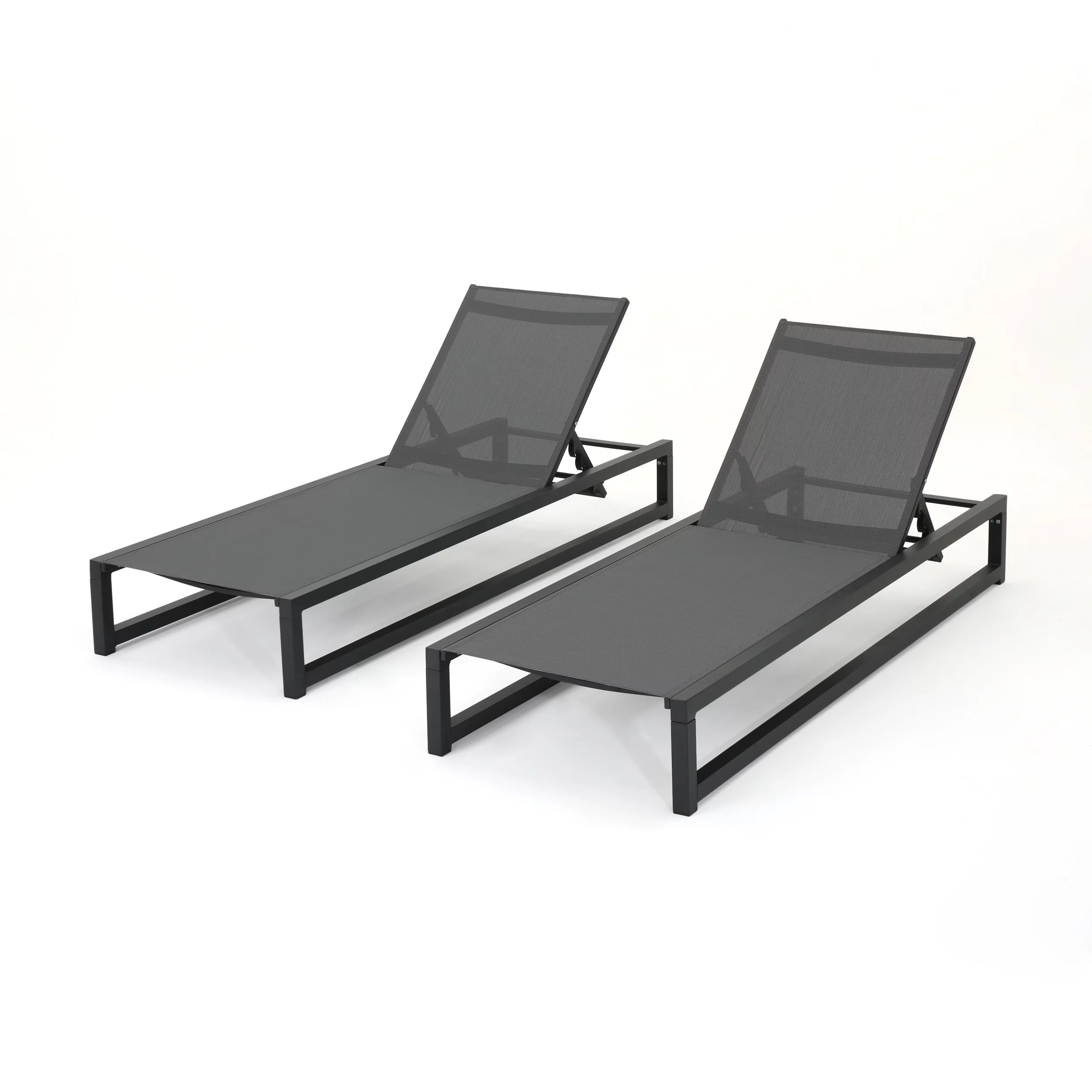 GDF Studio Mottetta Outdoor Mesh and Aluminum Armless Adjustable Chaise Lounges, Set of 2, Black and Dark Gray
