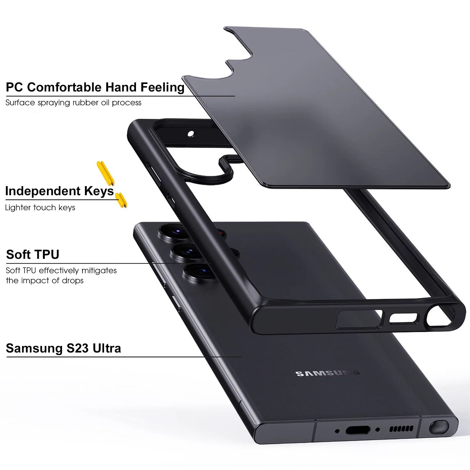 SaniMore for Samsung Galaxy S23 Plus Case Aluminum Independent Keys, Ultra Slim High-Transparent PC Back & TPU Bumpers Cover Support Magnetic Wireless Charging Shockproof Protective Shell, Black
