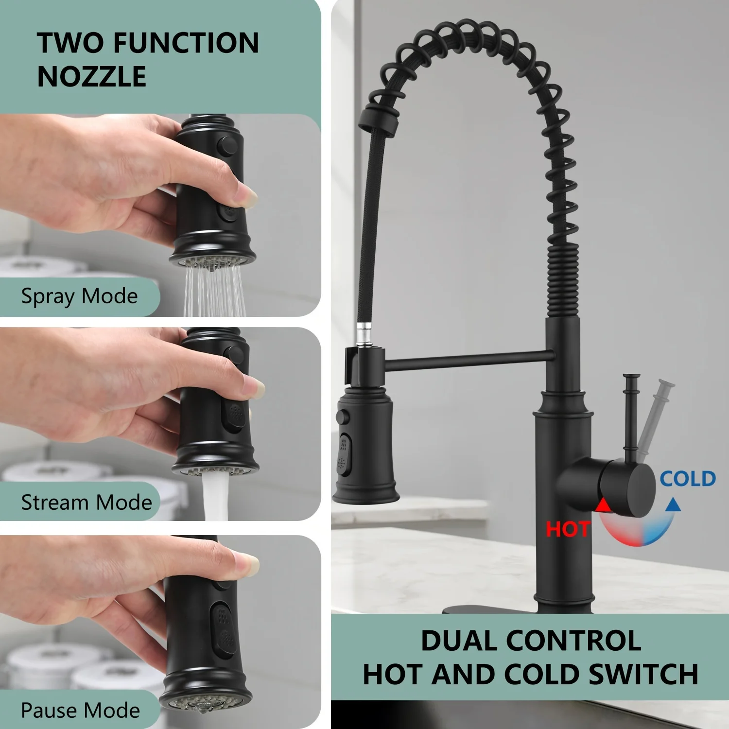 Kitchen Sink Faucets with Pull Down Sprayer Stainless Steel High Arc Pull Down Sprayer Spring Kitchen Faucet, 1 Hole Or 3 Hole, Single Handle, for Bar Laundry Utility Sink, Matte Black