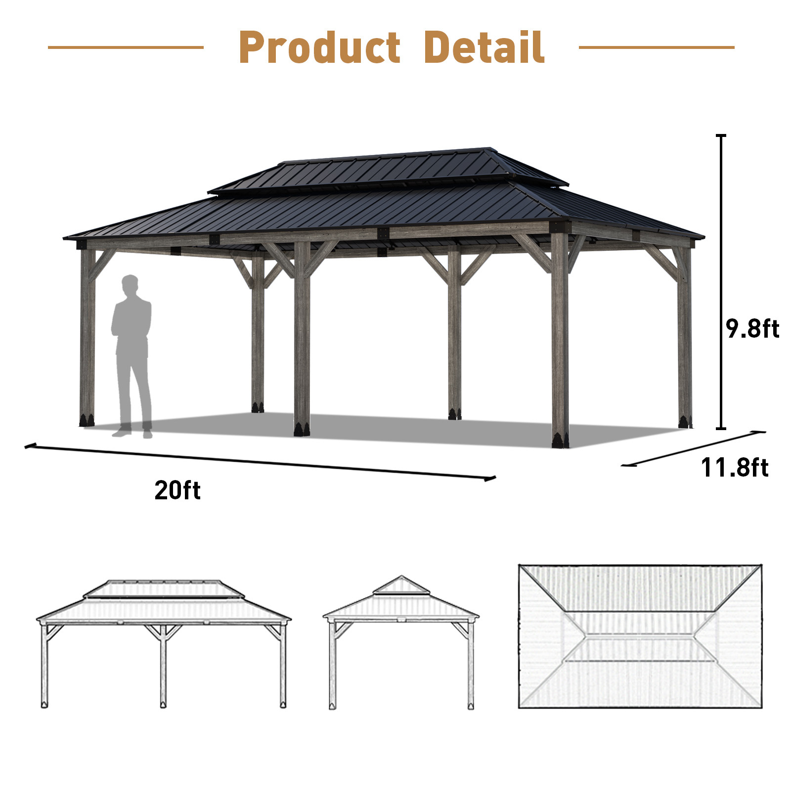 COSIEST 12x20FT Cedar Wood Gazebo, Outdoor Wooden Pergola with 2-Tier Galvanized Steel Roof, Netting & Curtains, Hardtop Gazebo for Patio Garden Backyard Pavilion