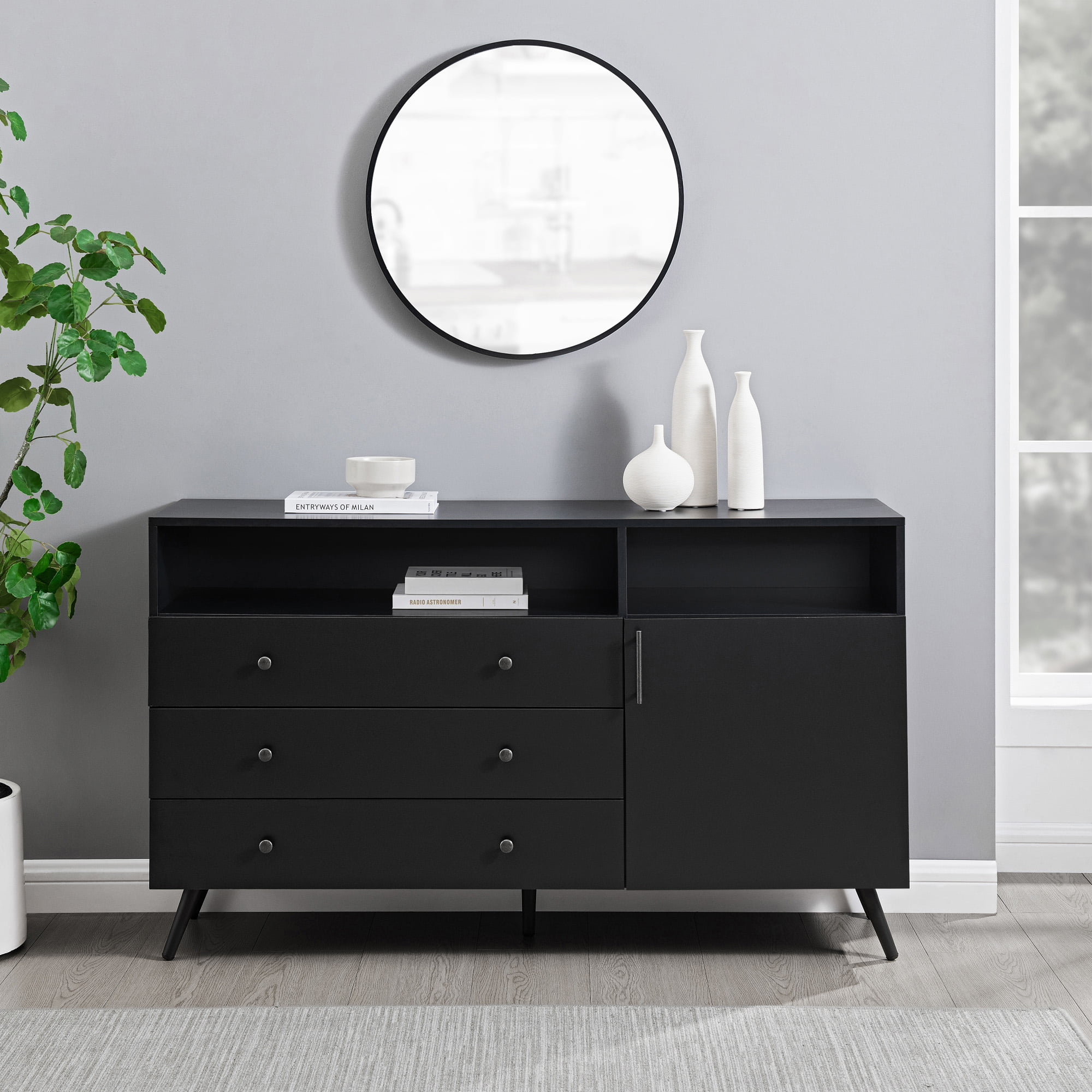 Walker Edison Mid-Century Modern 3-Drawer Sideboard, Solid Black