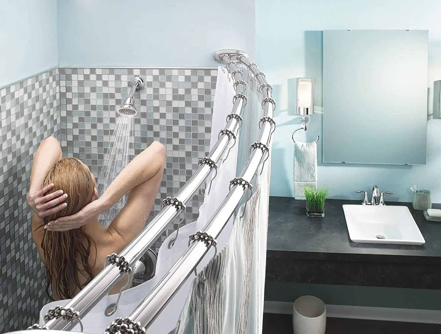 AUCHI DN2141CH 60-Inch Adjustable Stainless Steel Double Curved Shower Rod, Chrome