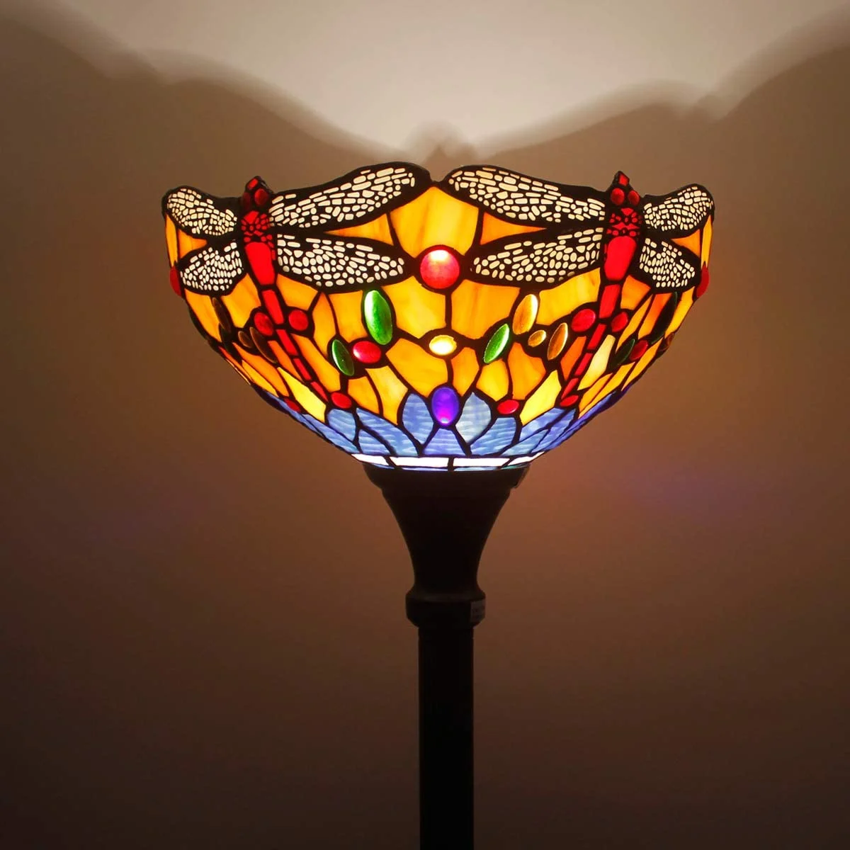 KUANGHENG Tiffany Floor Lamp Orange Blue Stained Glass Dragonfly Light 12X12X66 Inches Torchiere Standing Corner Torch Uplight Decor Bedroom Living Room Home Office S168 Series