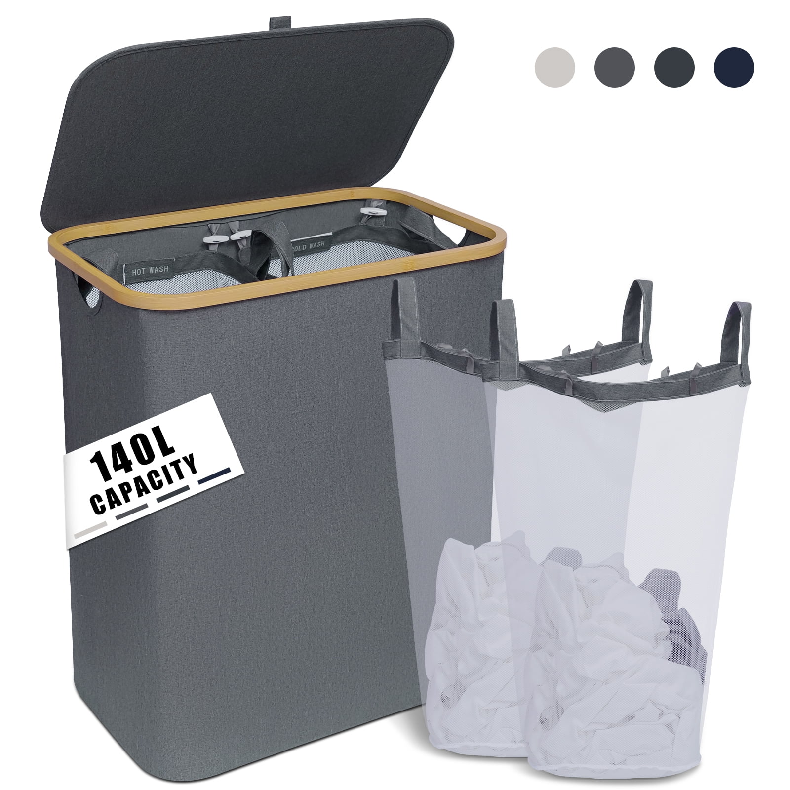 YIHATA 140L Laundry Basket 2 Section, Large Laundry Basket with Lid Collapsible Laundry Hamper with Bamboo Handles and Labels, Divided Dirty Clothes Hamper for Bedroom, Laundry and Toys, Light Grey