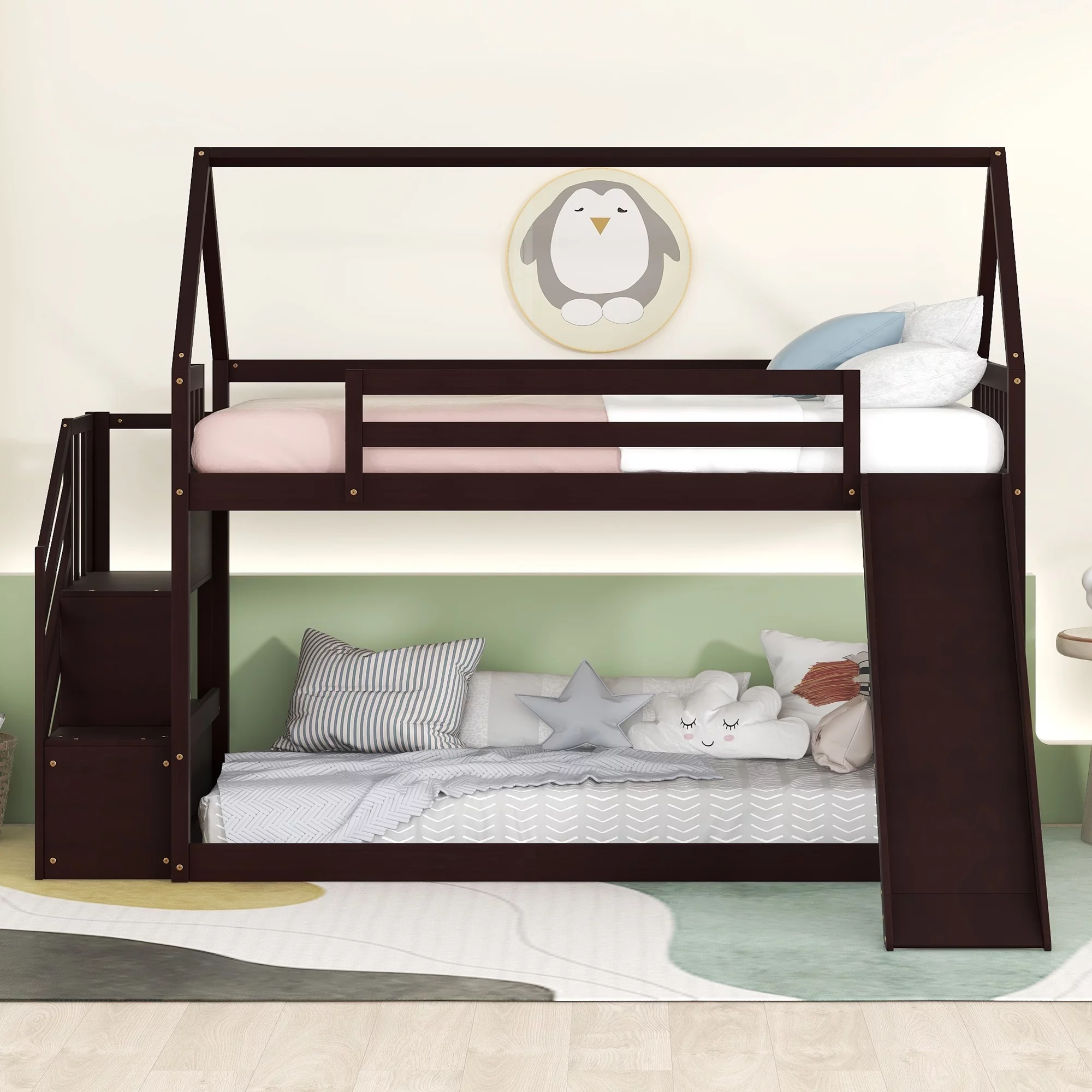 Low Bunk Bed with Slide and Stairs, Wood Twin Over Twin House Bunk Beds for Kids, Floor Bunk Bed with Stairway Easy Assembly (Espresso)