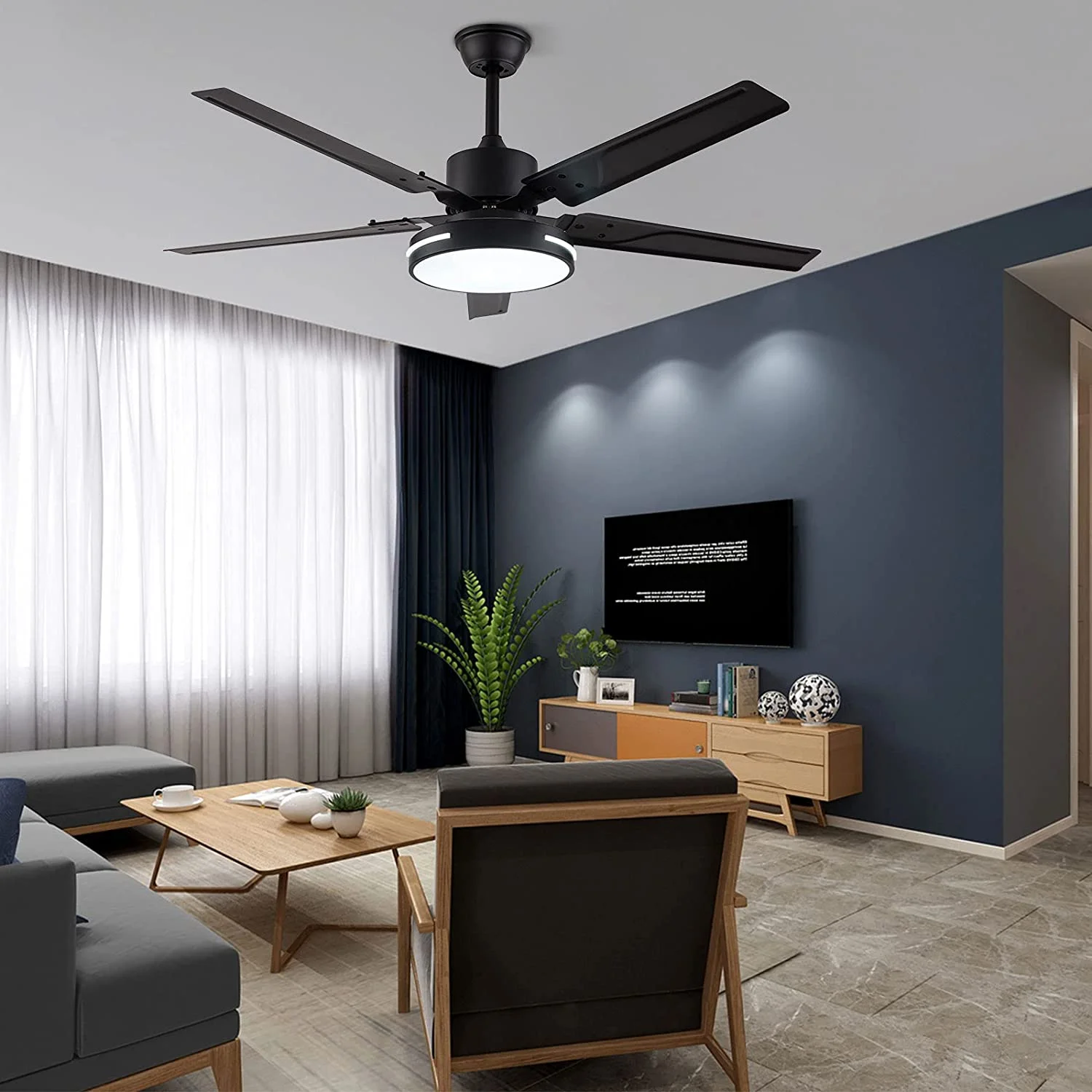 Fichiouy BLACK 48 Inch Ceiling Fan with LED Light and Remote Control for Indoor