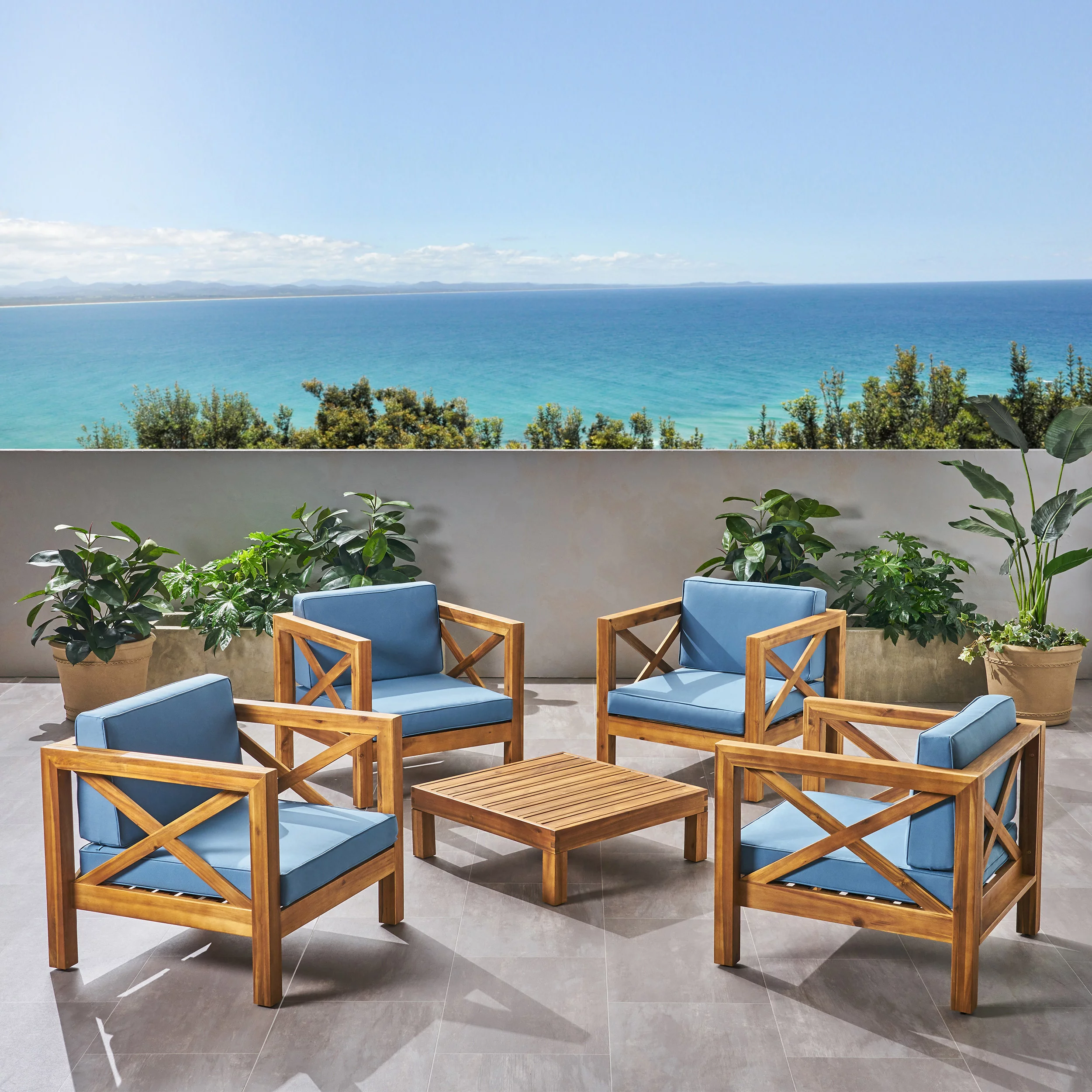 GDF Studio Keith Outdoor Acacia Wood 4 Seater Club Chair Chat Set with Cushions, Teak and Blue