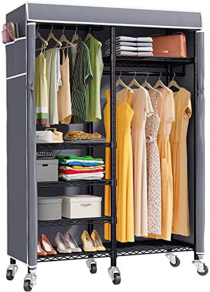 HYHBIBOOM R4C Garment Rack Rolling  6 Tiers Heavy Duty Adjustable Wire Portable Closets with Lockable Wheels Wardrobe White Metal Clothing Rack with Frosted Translucent Cover  Max Load 62